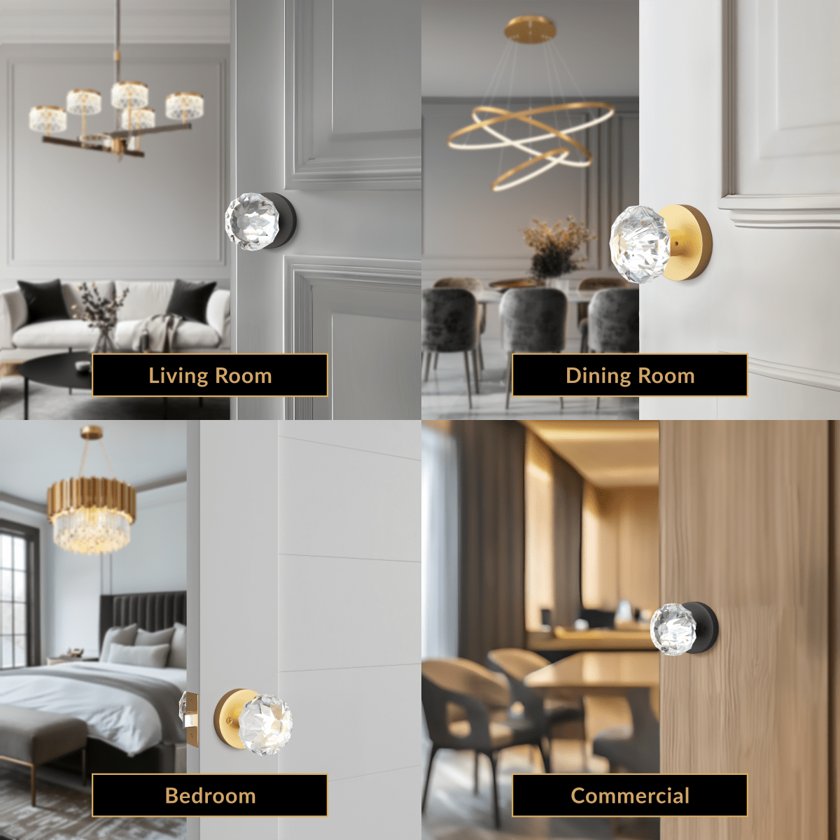 Regency crystal ball door knob shown in four rooms: living room, dining room, bedroom and commercial