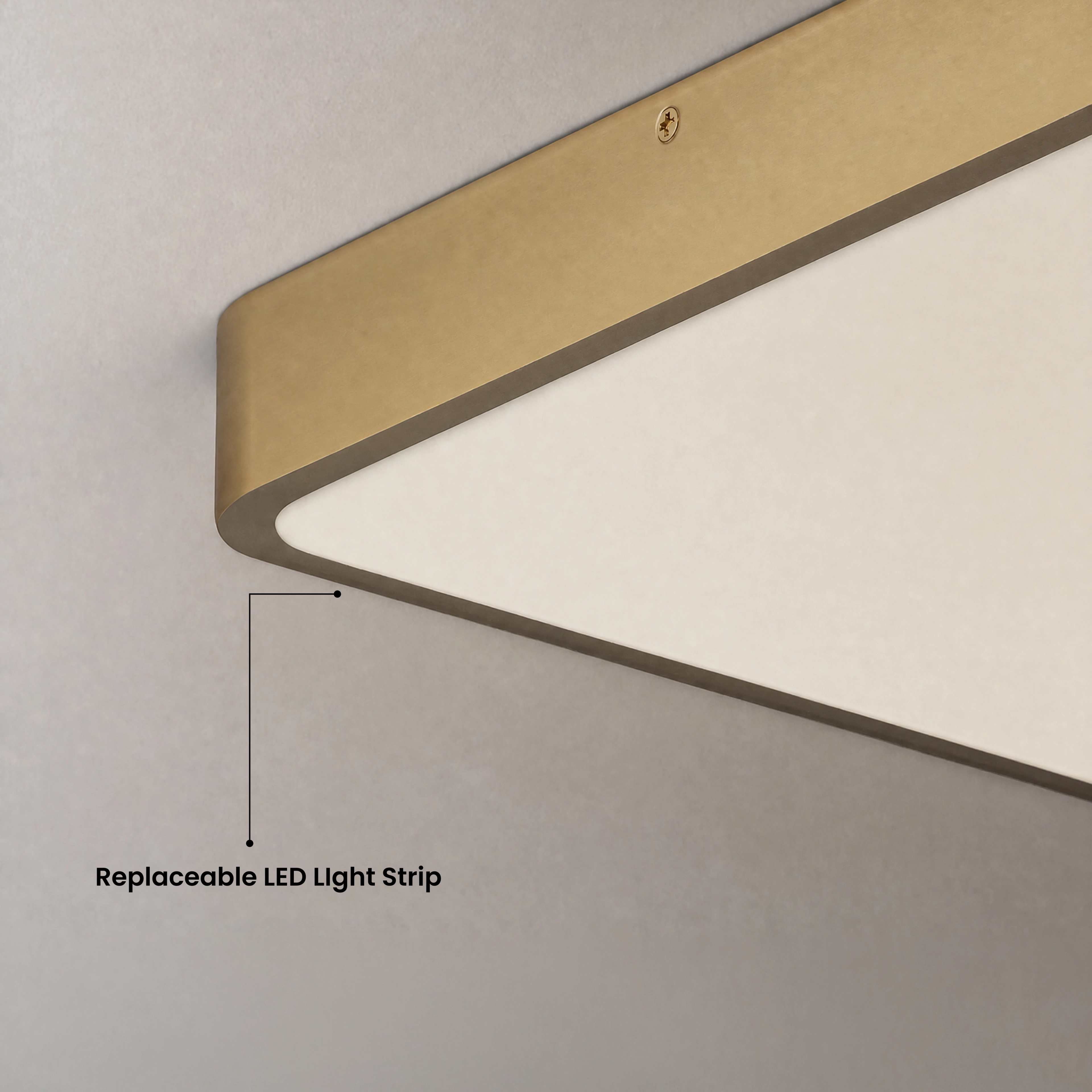 Selene Smart brass-edged alabaster ceiling light close-up, labeled replaceable LED light strip