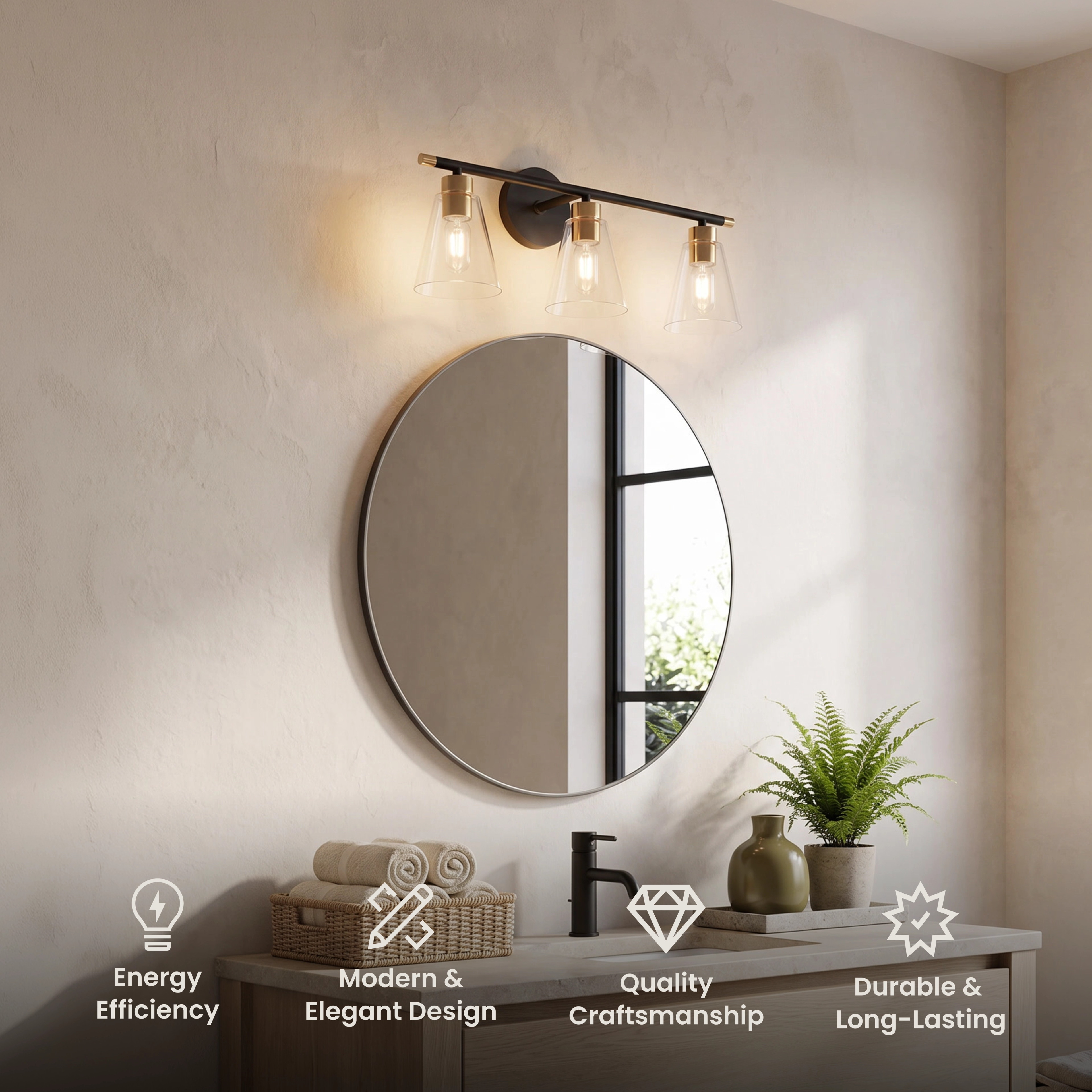 Sienna bathroom light, three flared clear glass shades on a matte black bar with gold accents over a mirror