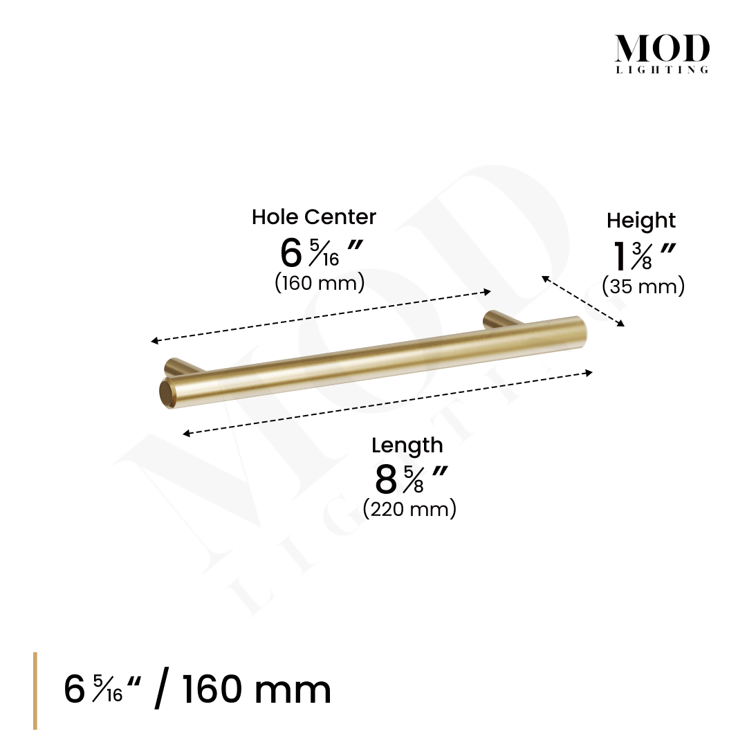 Alison cabinet pull dimension diagram: 6 5/16" hole center, 8 5/8" length, 1 3/8" height, brushed gold