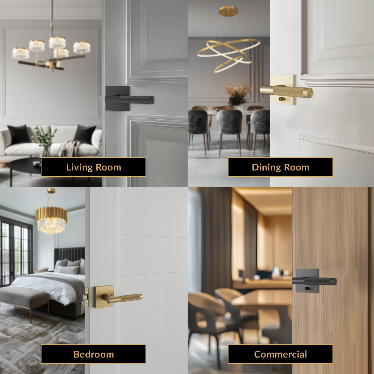 Belmont black and gold door handles shown on doors in living room, dining, bedroom and commercial settings