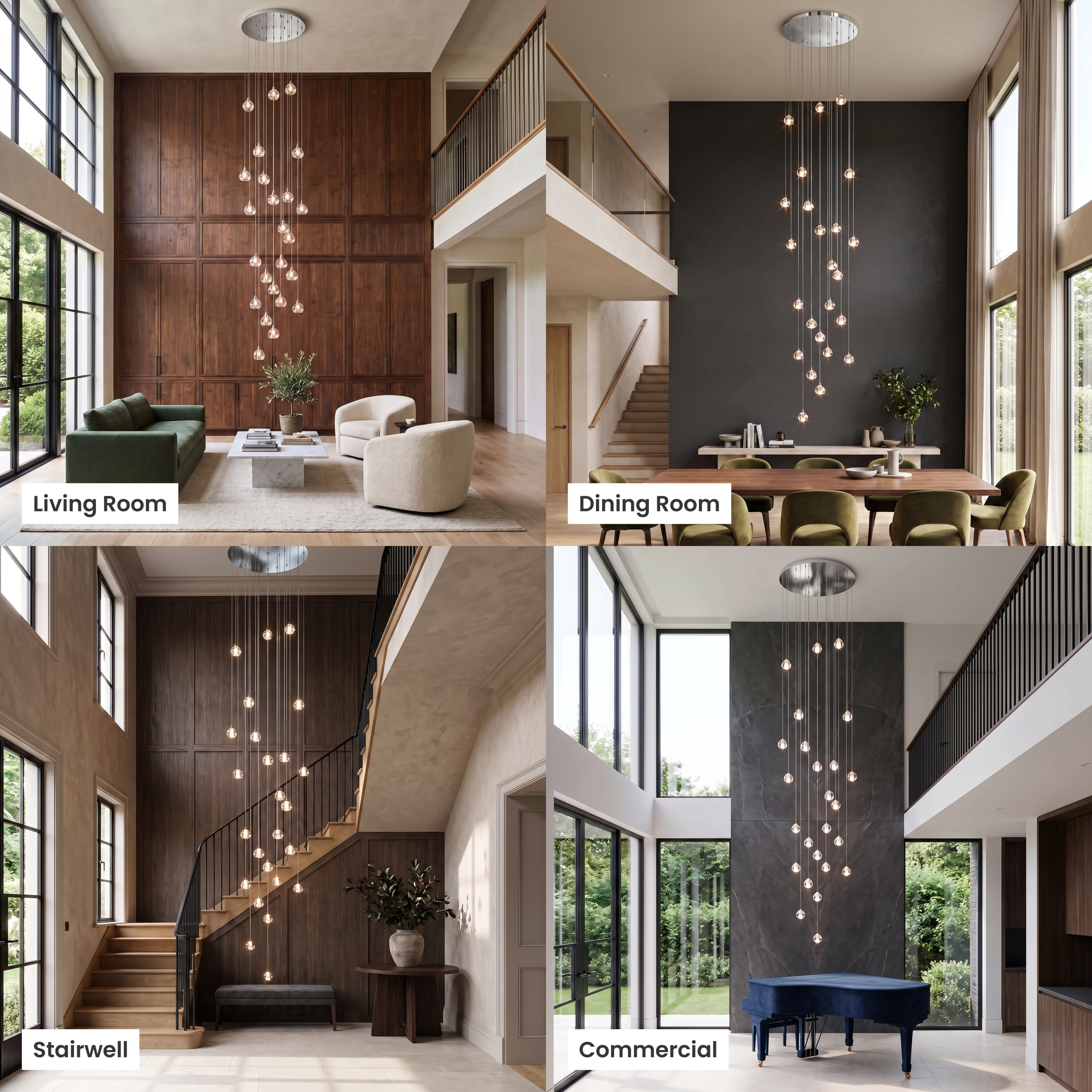 Sage cascading globe pendants shown in living room, dining room, foyer and commercial settings