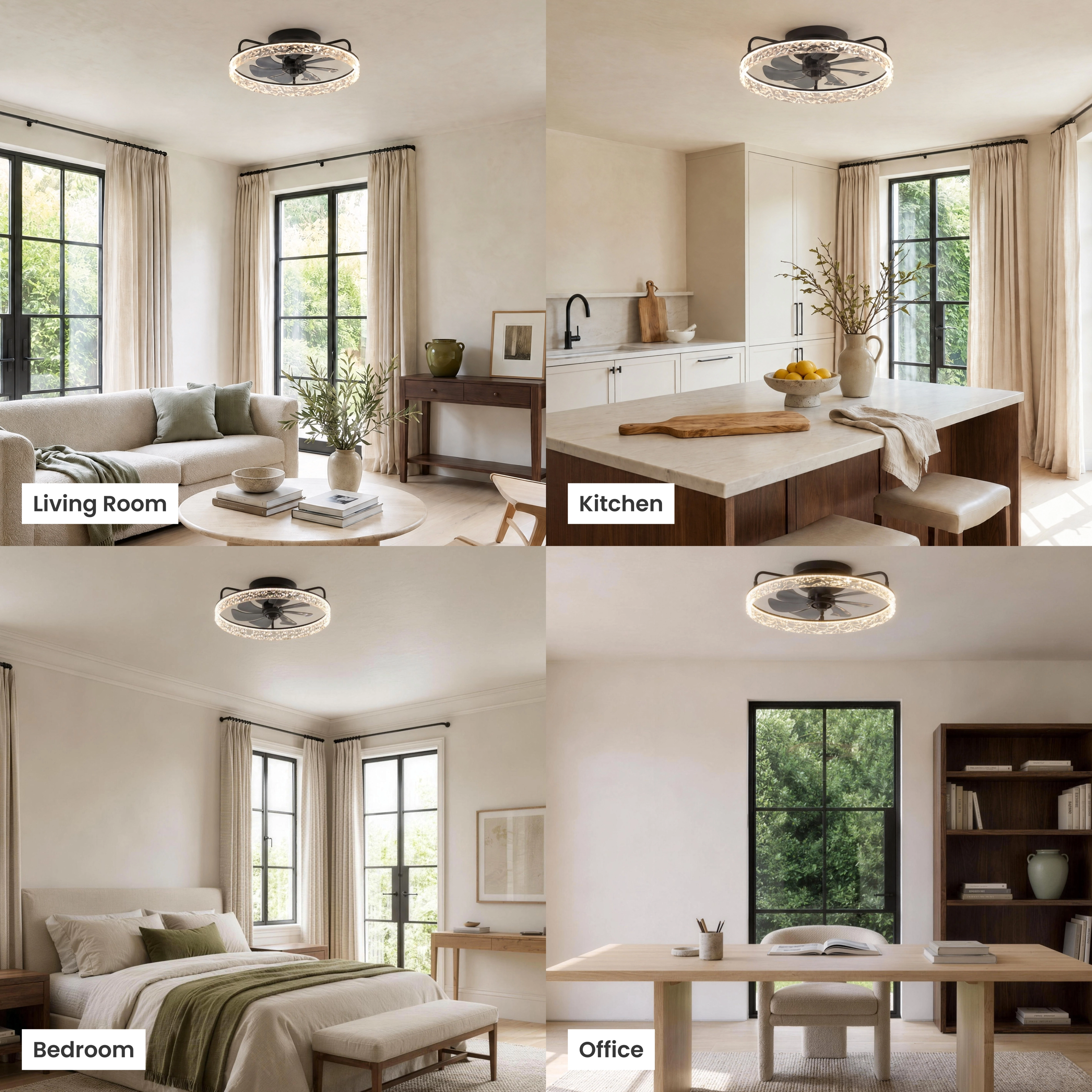 Ventara crystal-ring ceiling fan light shown in living room, dining room, bedroom and kitchen settings