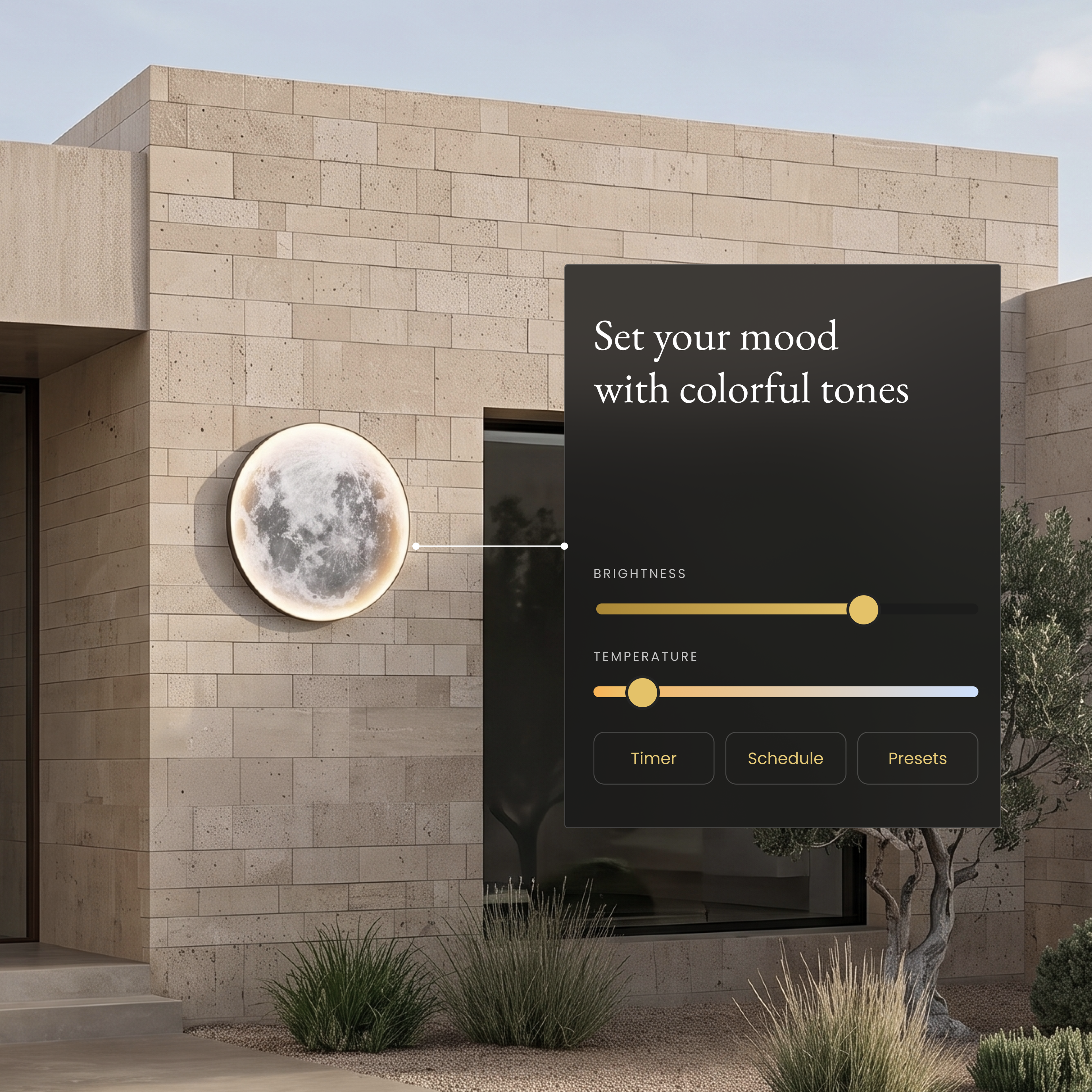 Luna Outdoor Smart moon wall light on a stone wall beside an app panel for brightness and color temperature