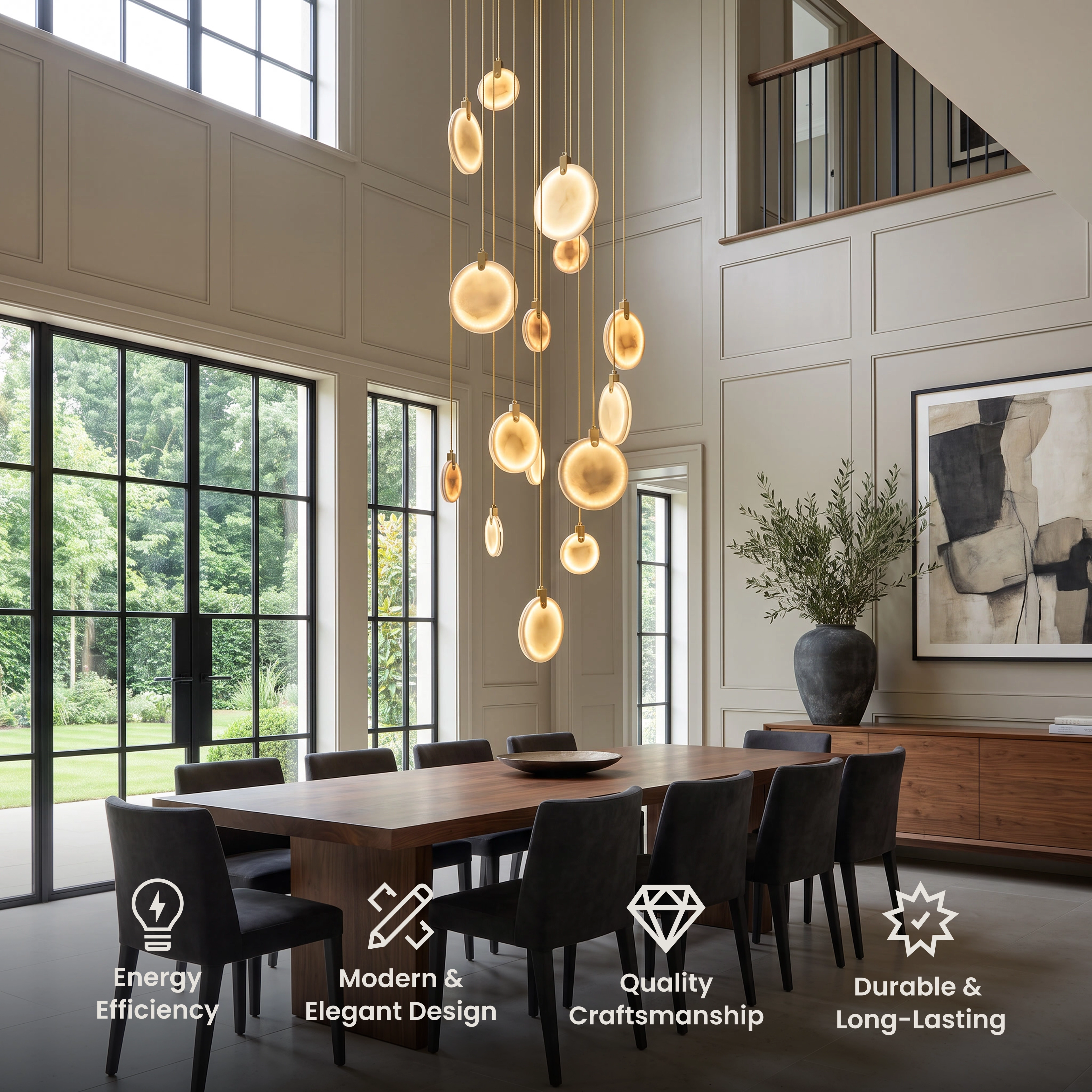 Marble outdoor wall light, single warm LED ring on a stone facade beside a wood door