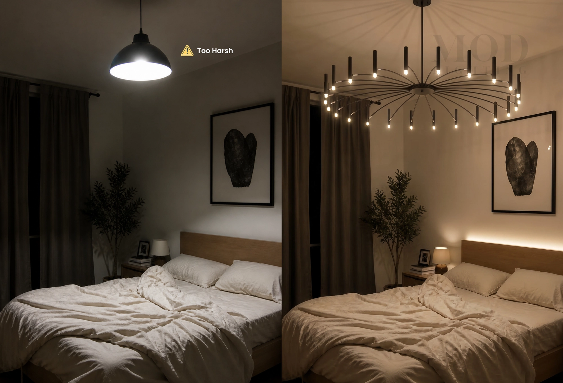 single overhead light vs a layered warm lighting in the same room