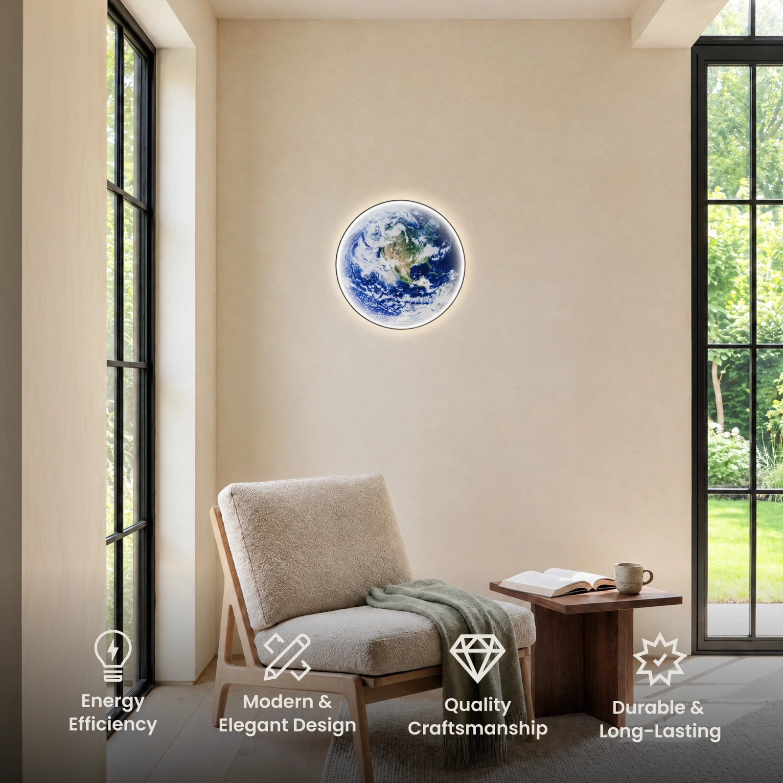 Terra Earth globe LED wall light mounted above a sofa in a neutral living room