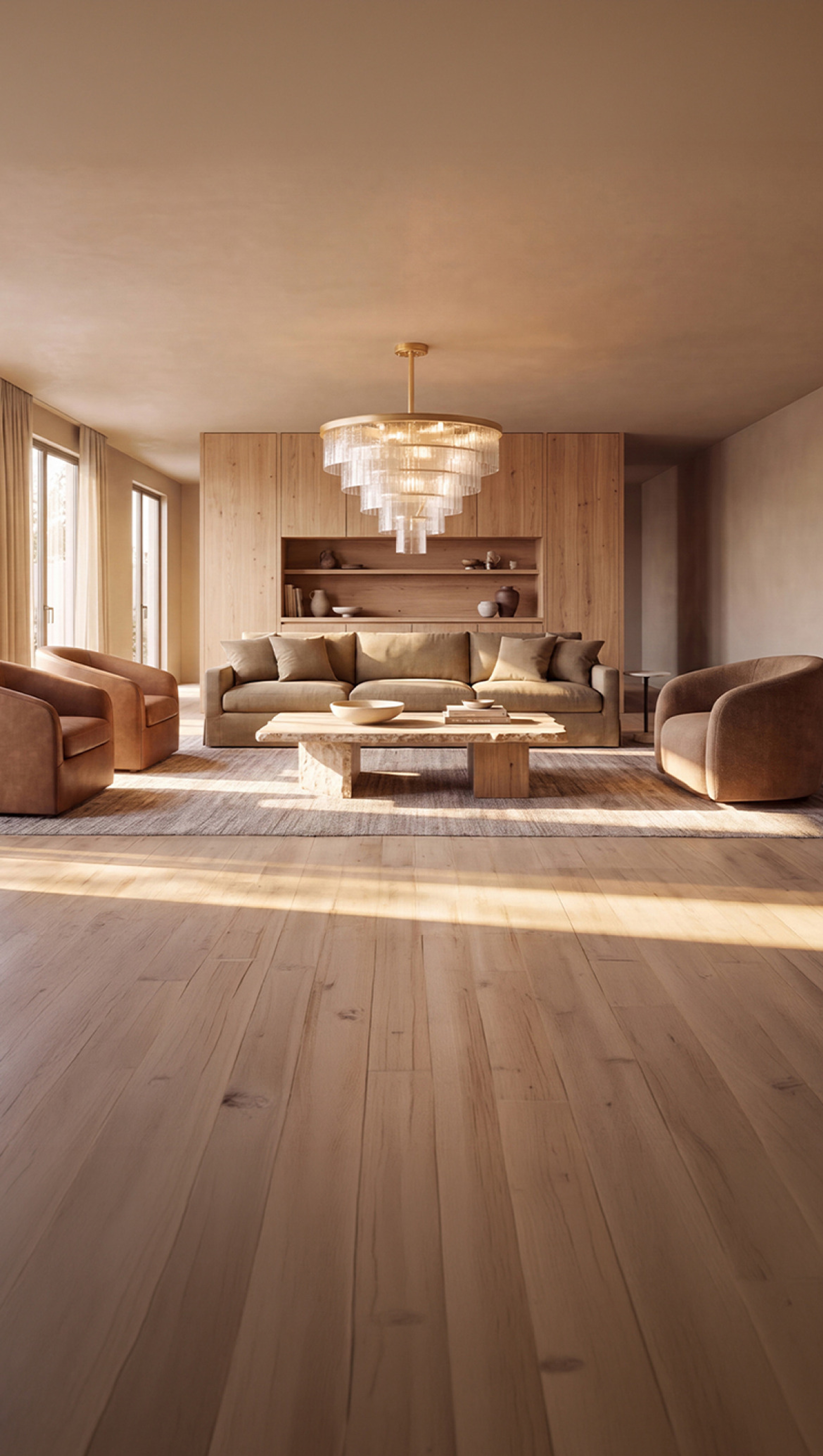 MOD LIGHTING Cascade chandelier above a travertine coffee table in a sunlit oak-panelled living room