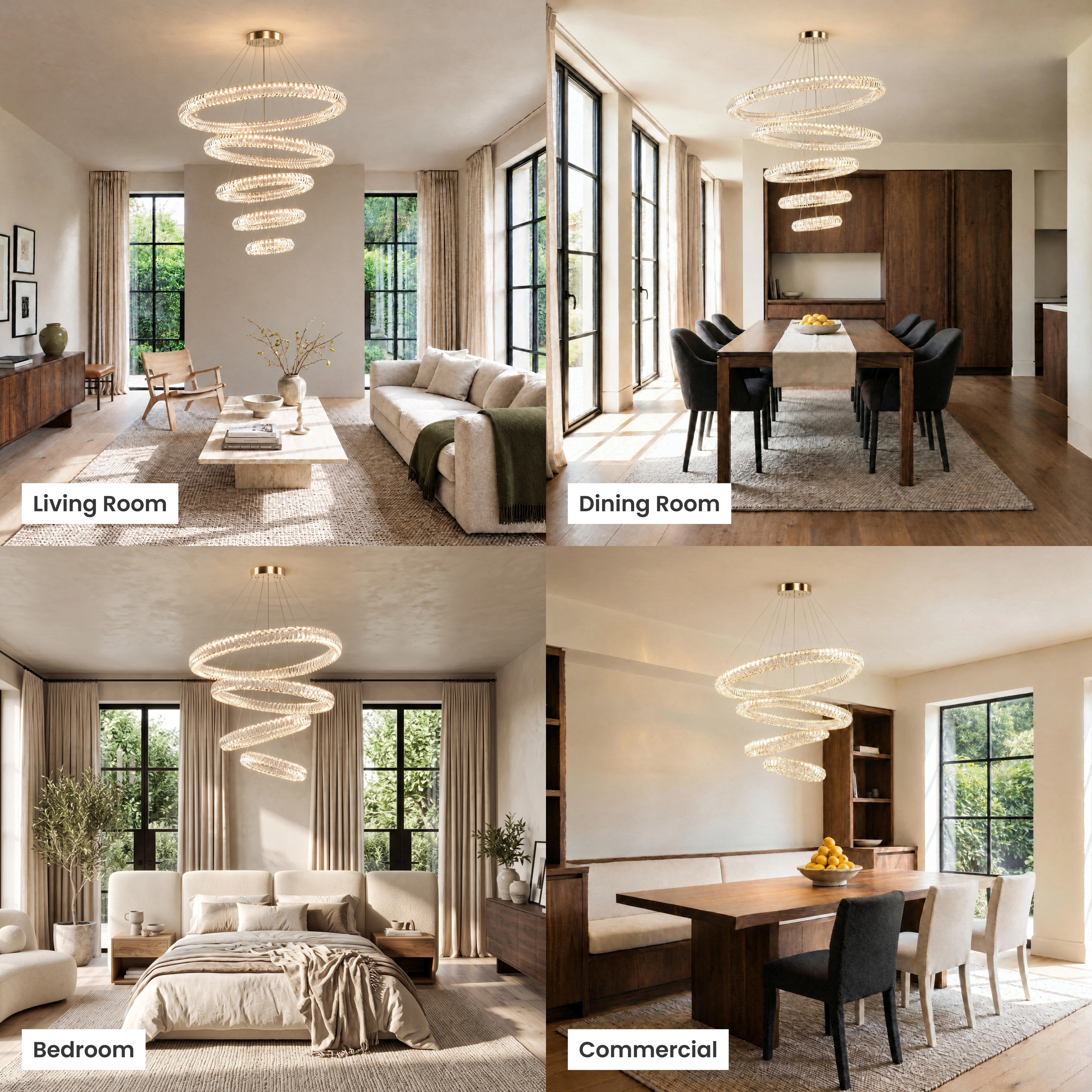 Janice crystal ring chandelier, stacked gold-rimmed rings, shown in living room, dining room, bedroom and commercial