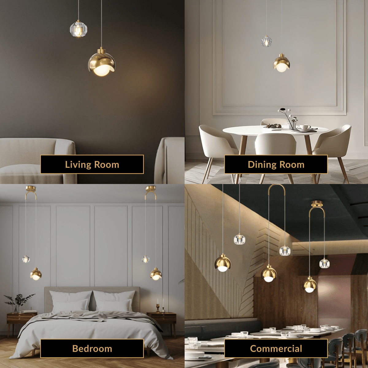 Diana gold globe pendants with faceted crystal accent, four settings: living room, dining, bedroom, commercial