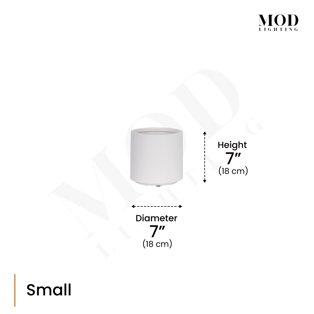 Plant Pot, small white matte cylindrical planter, dimension diagram: 7 in height, 7 in diameter