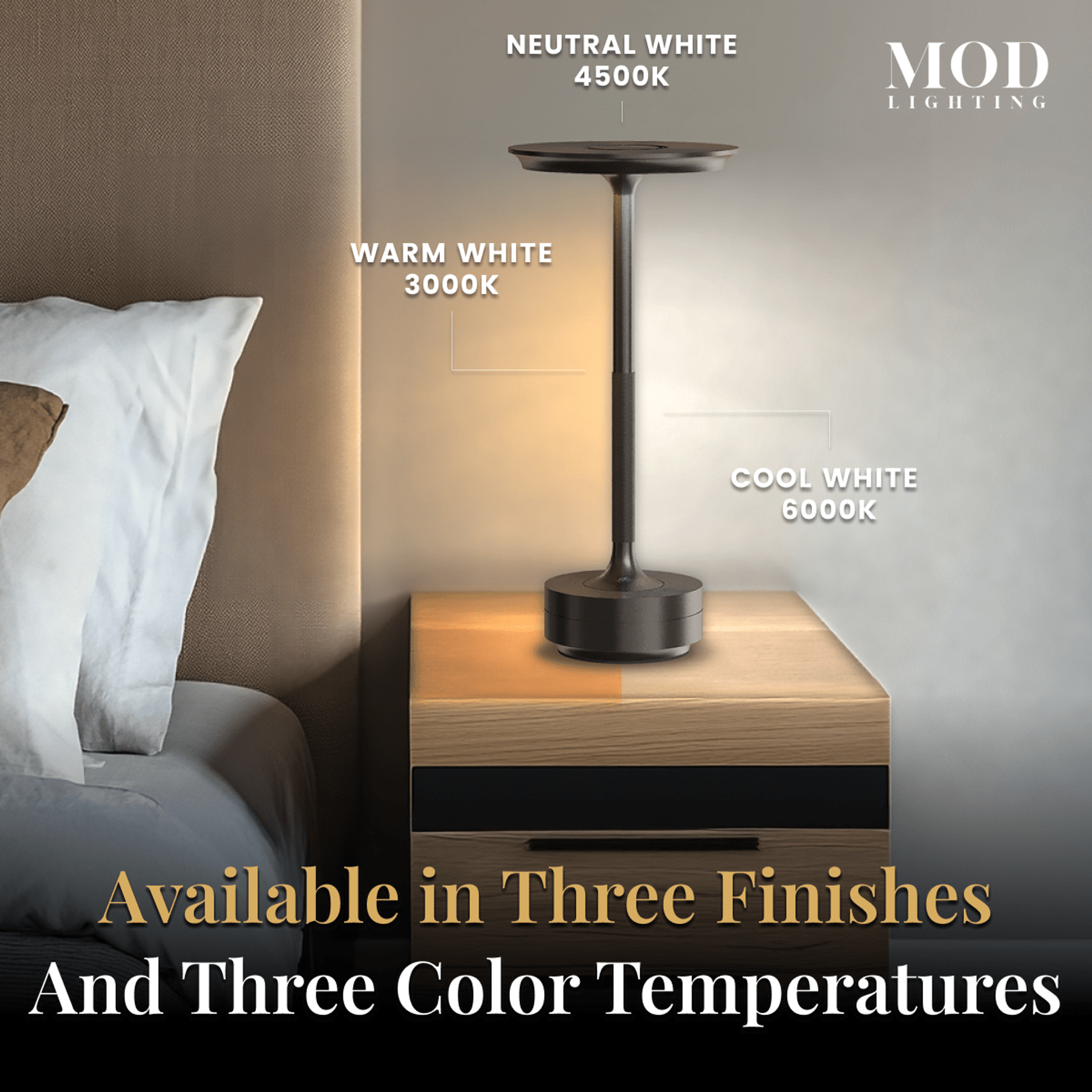 Aris black rechargeable table lamp on a nightstand, callouts for three color temperatures from warm to cool white