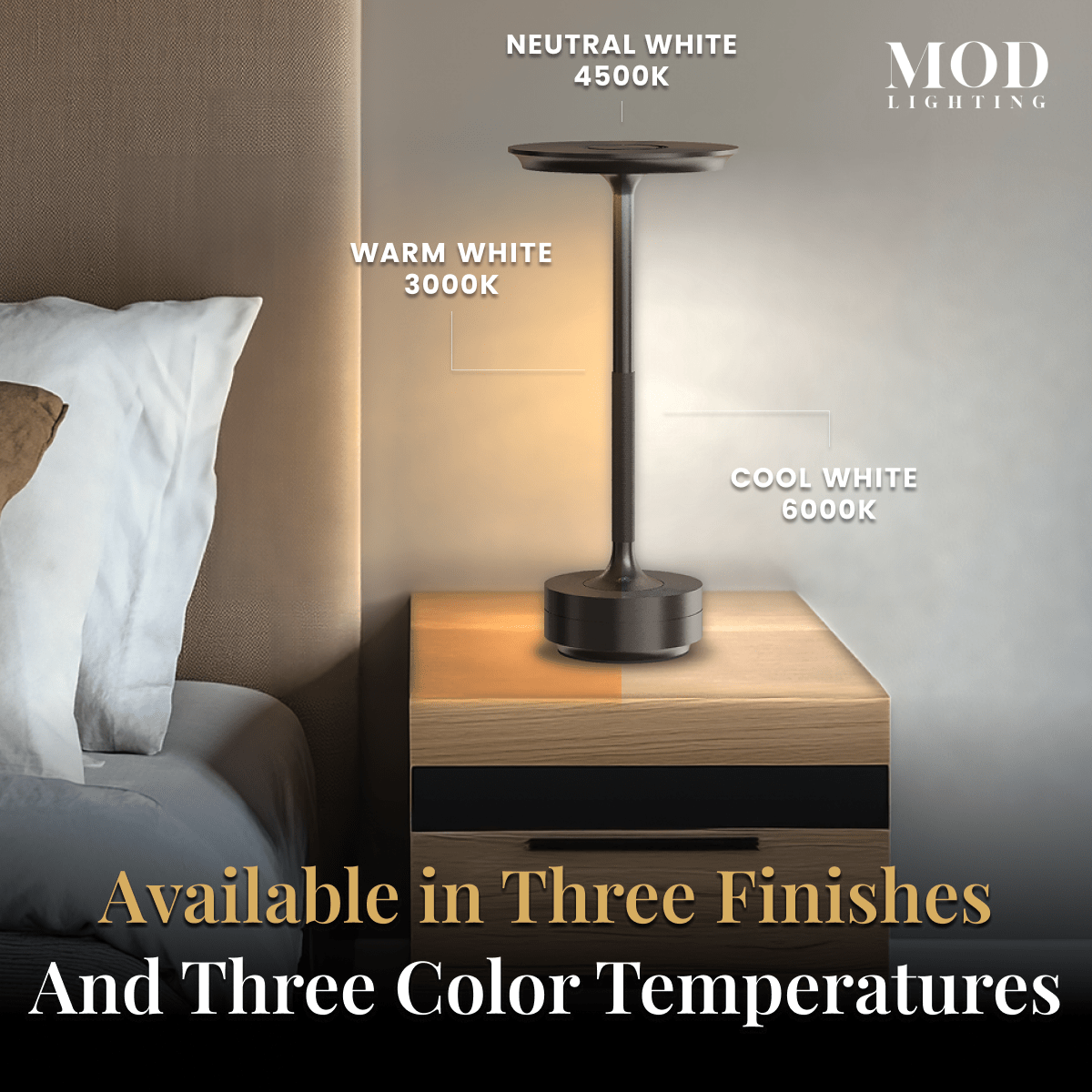 Aris black rechargeable table lamp on a nightstand, callouts for three color temperatures from warm to cool white