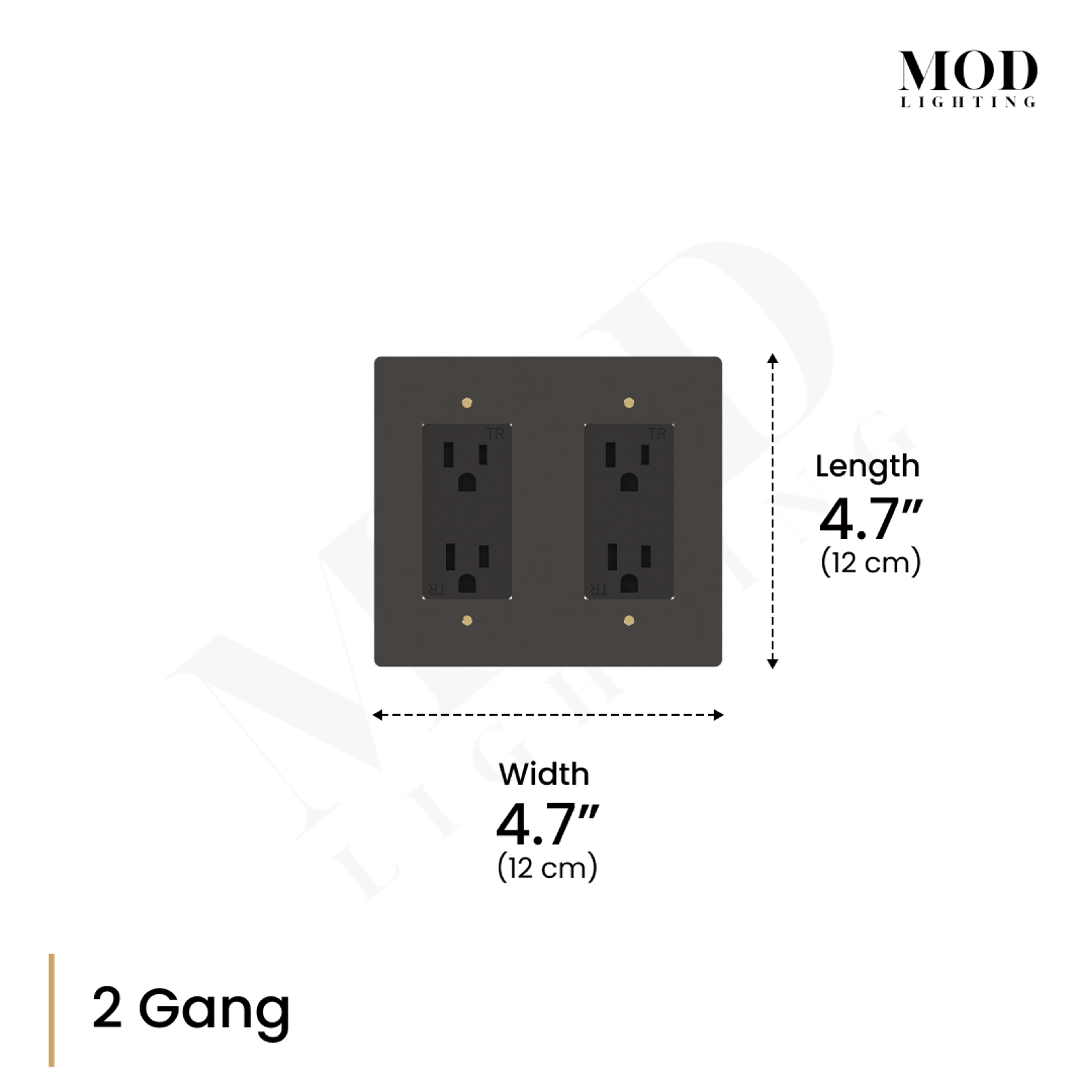 Modern Wall Outlet matte-black 2-gang dimension diagram, 4.7" square plate with two duplex receptacles