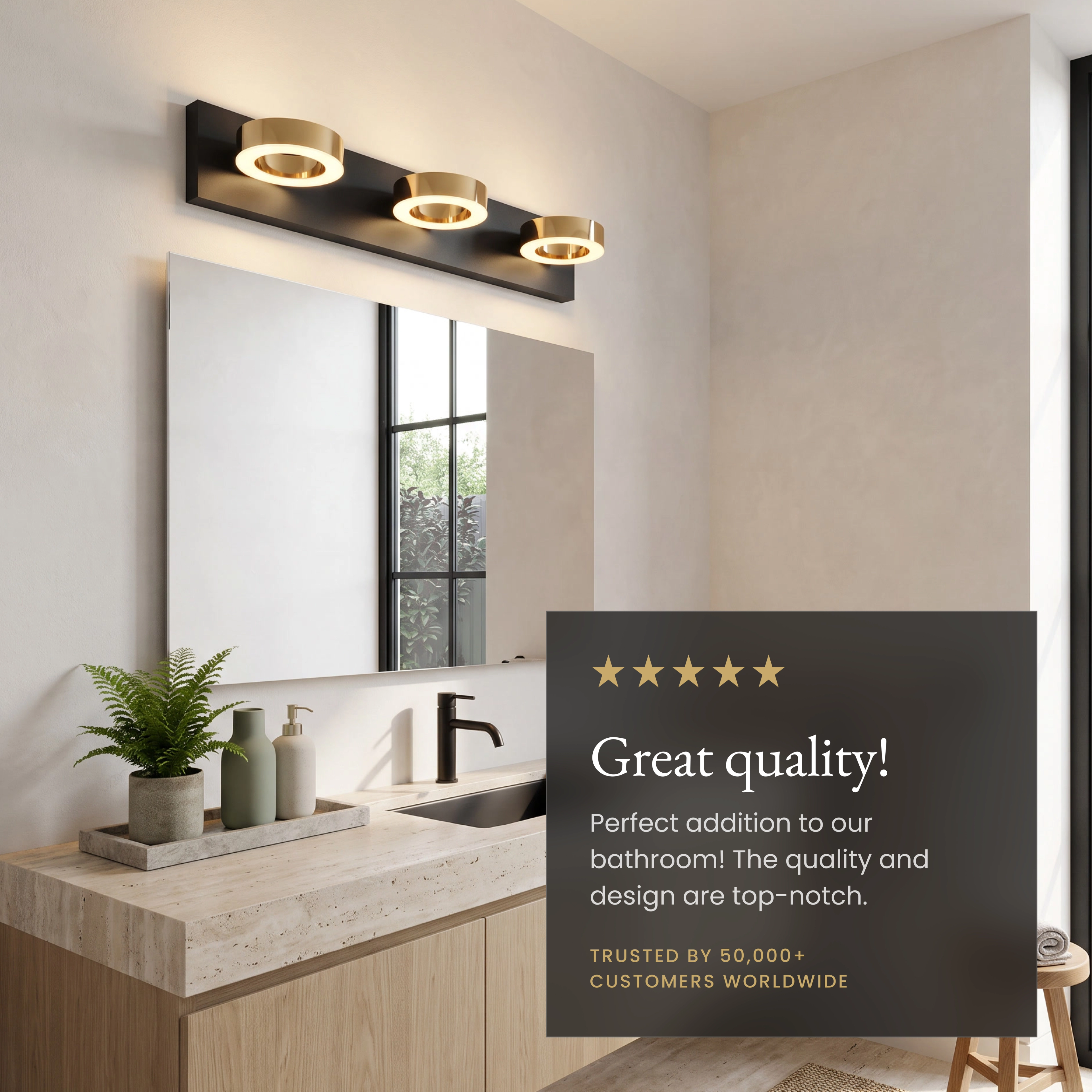 Aurora three-light black vanity bar with gold rings above a round mirror, noting moisture-proof, dimmer-compatible LED strip