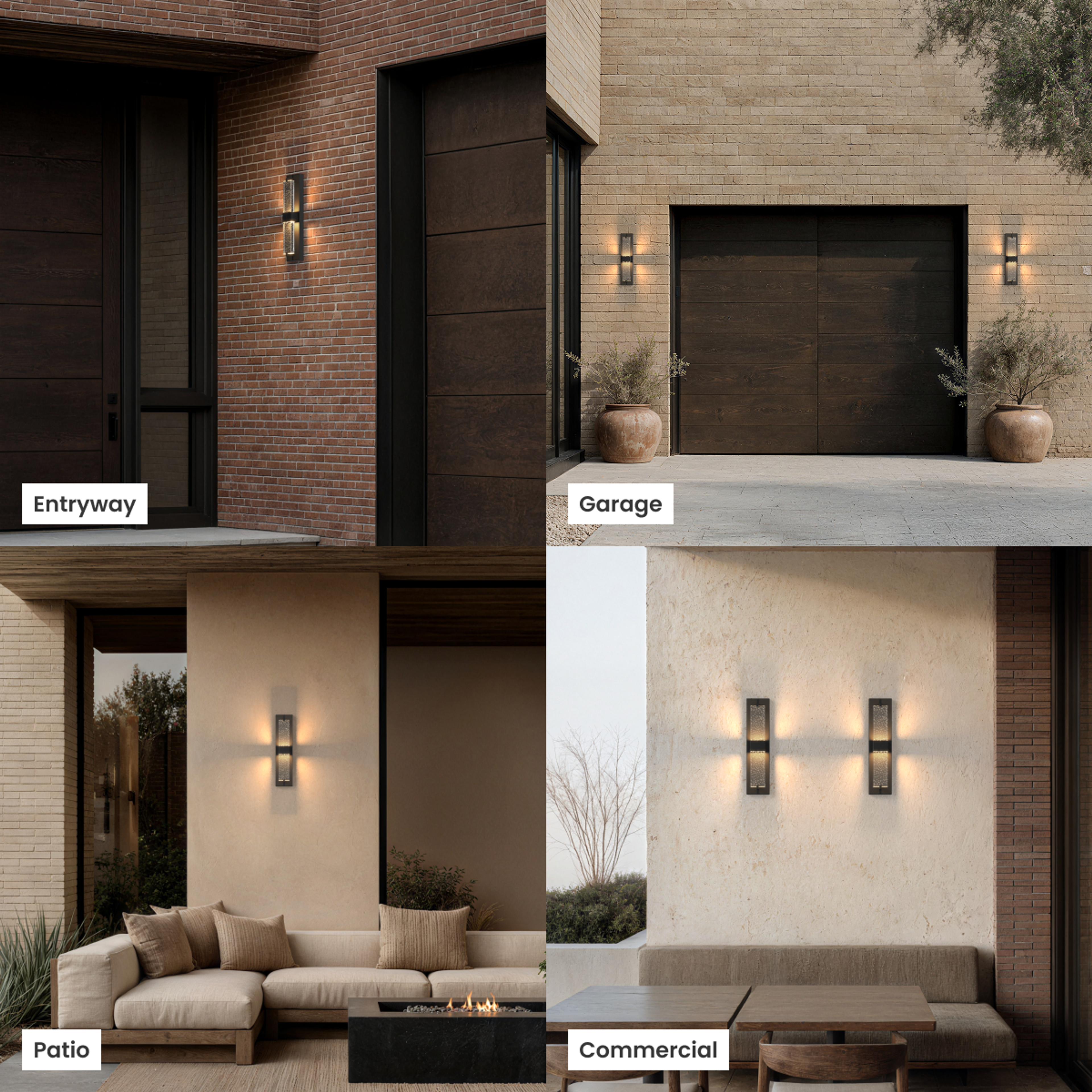 Noir black outdoor sconce, slim bar with crystal-like accents, on entryway, garage, patio, commercial walls