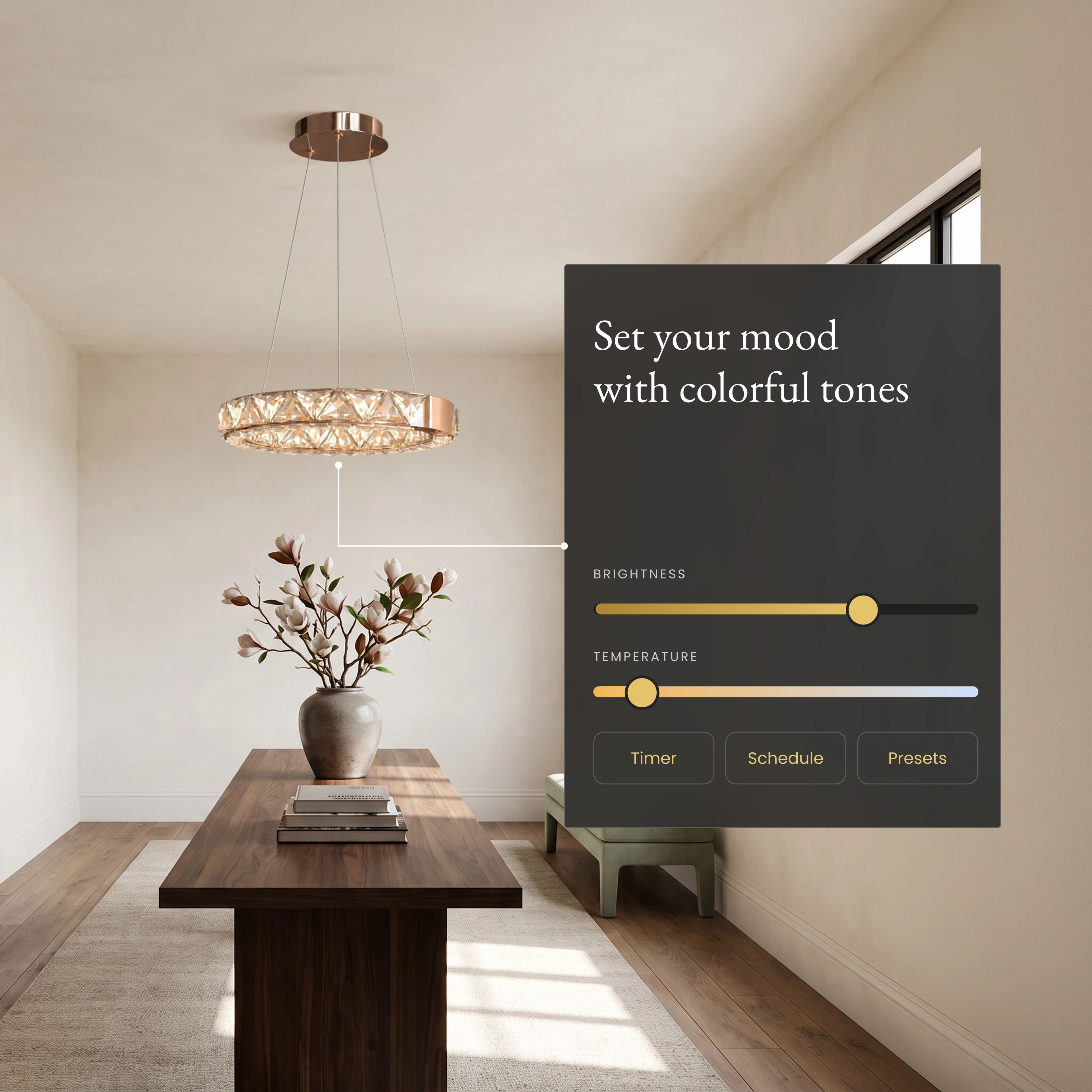 Jana Smart crystal ring chandelier over a console table beside an app panel for brightness and color temperature