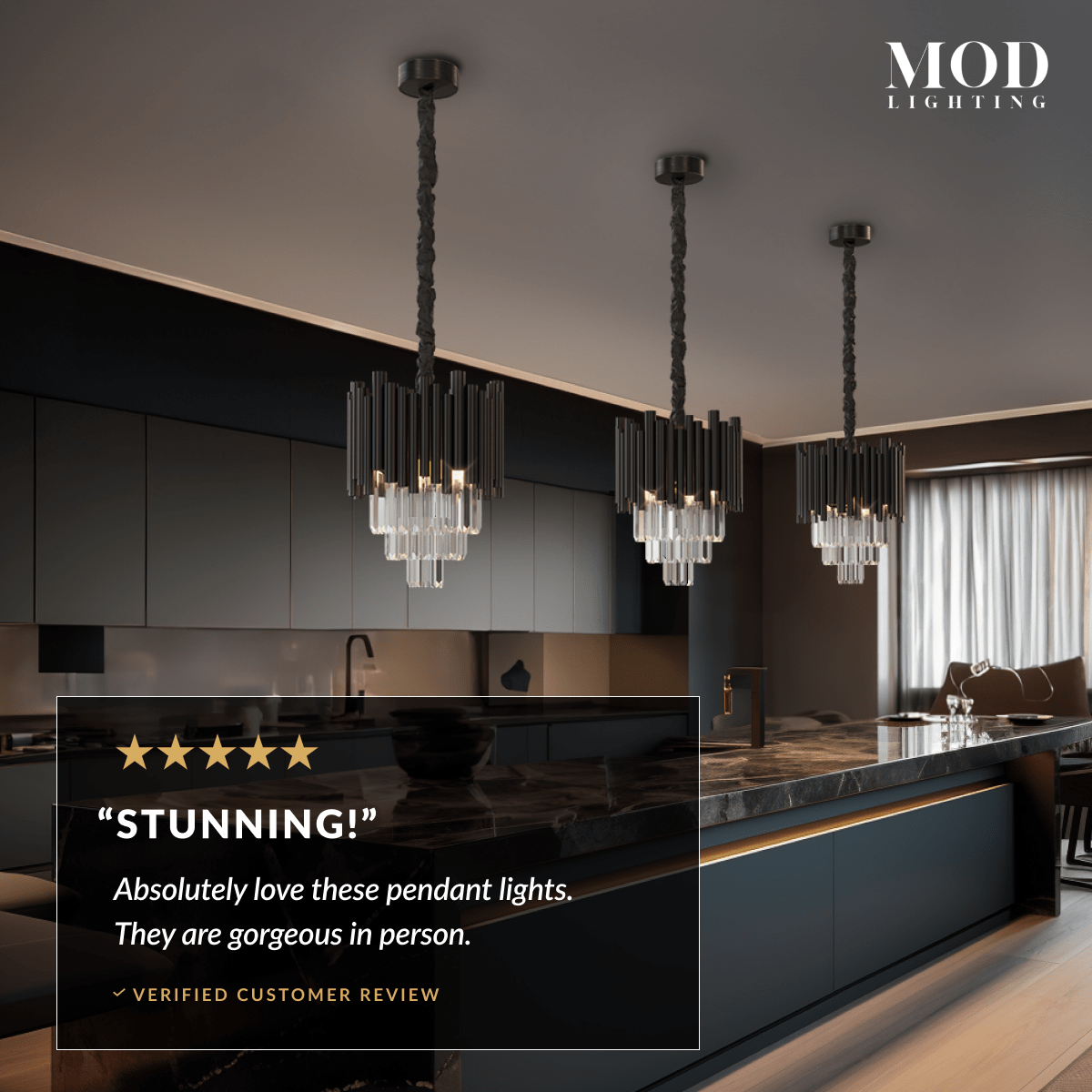 Mini Obsidian black crystal pendants hung in a row over a dark modern kitchen island, customer review overlay