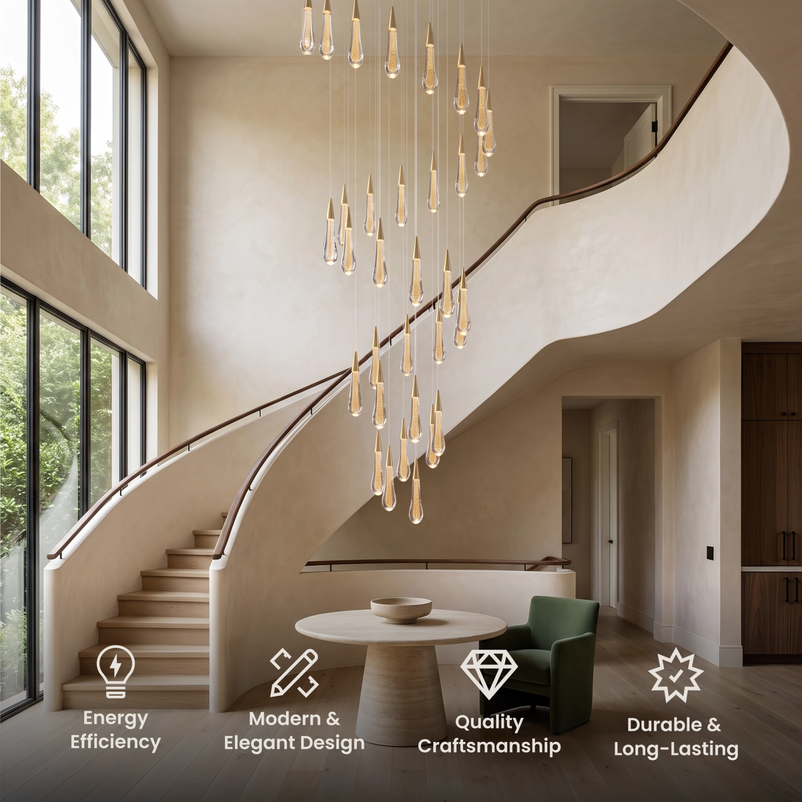 Indra gold crystal droplet chandelier cascading down