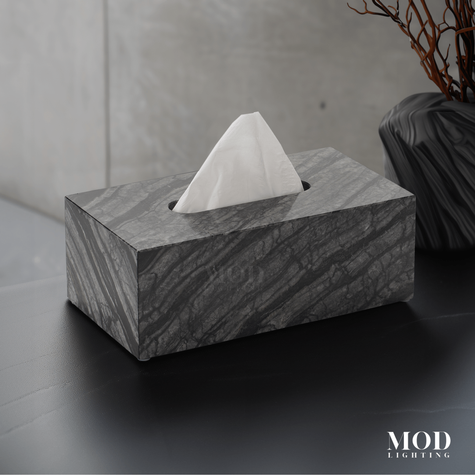 Timber Vein Marble Tissue Box, grey veined marble rectangular holder on a dark surface
