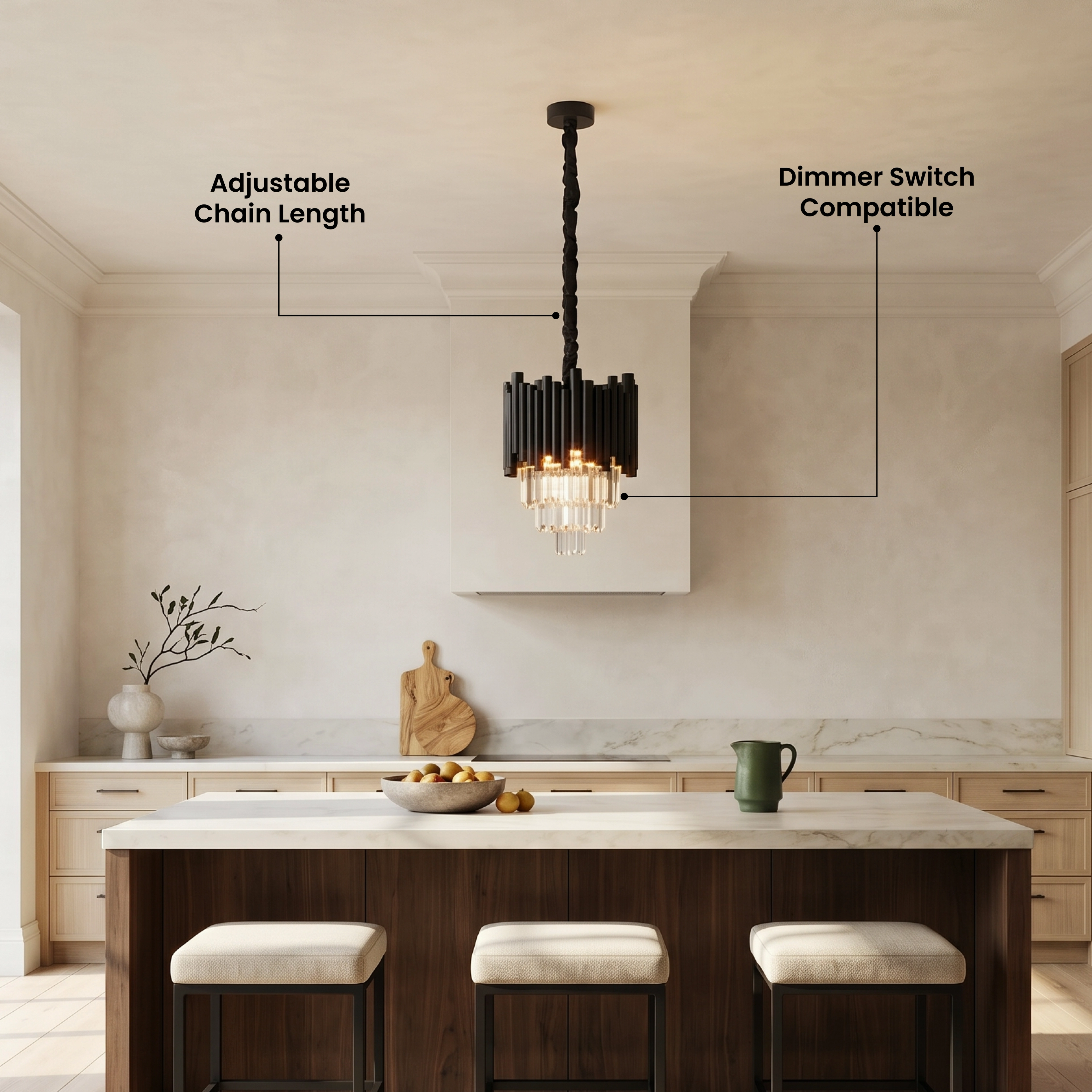 Mini Obsidian black crystal pendants hung in a row over a dark modern kitchen island, customer review overlay