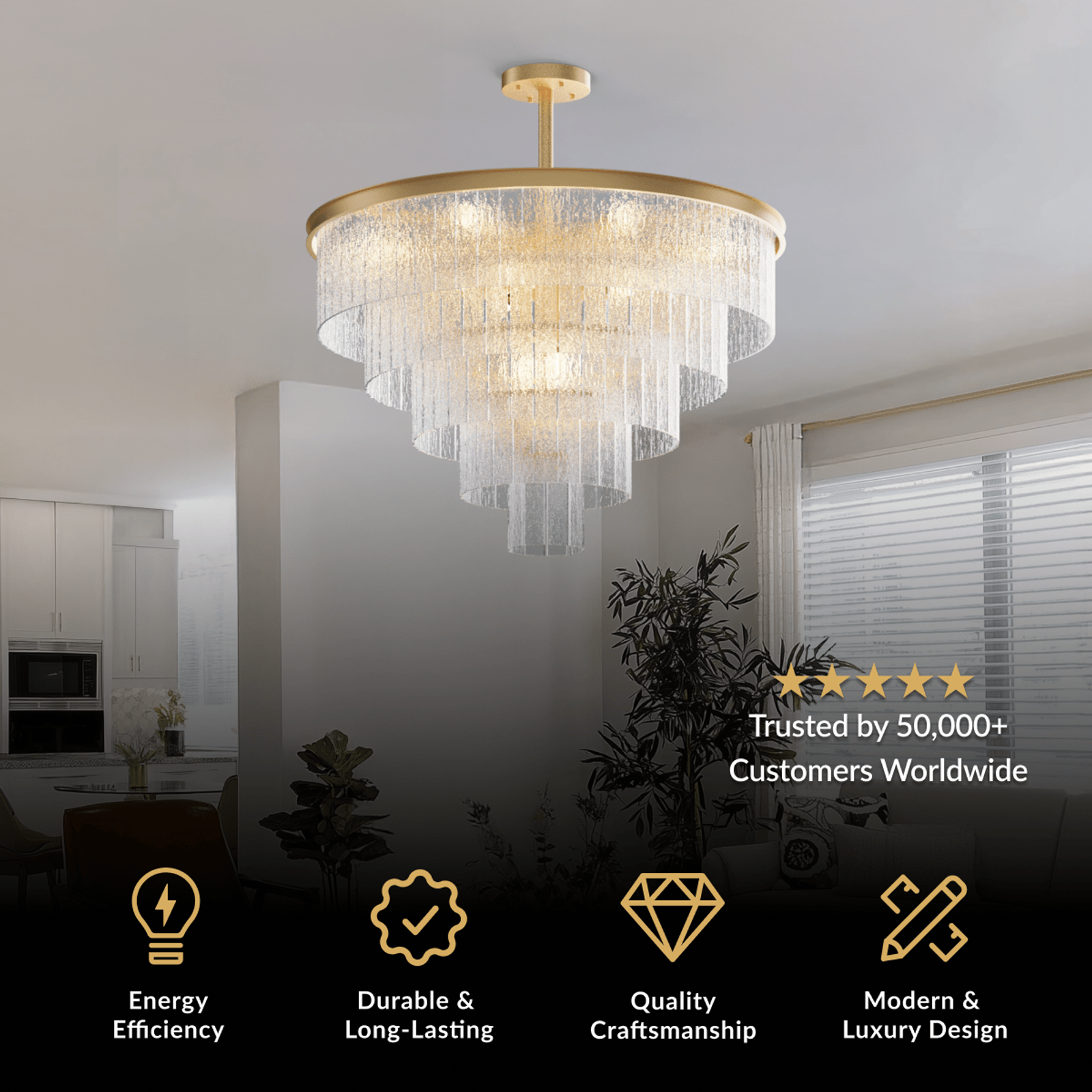 Cascade crystal chandelier, gold frame with tiered textured crystal rods, lit above a seating area