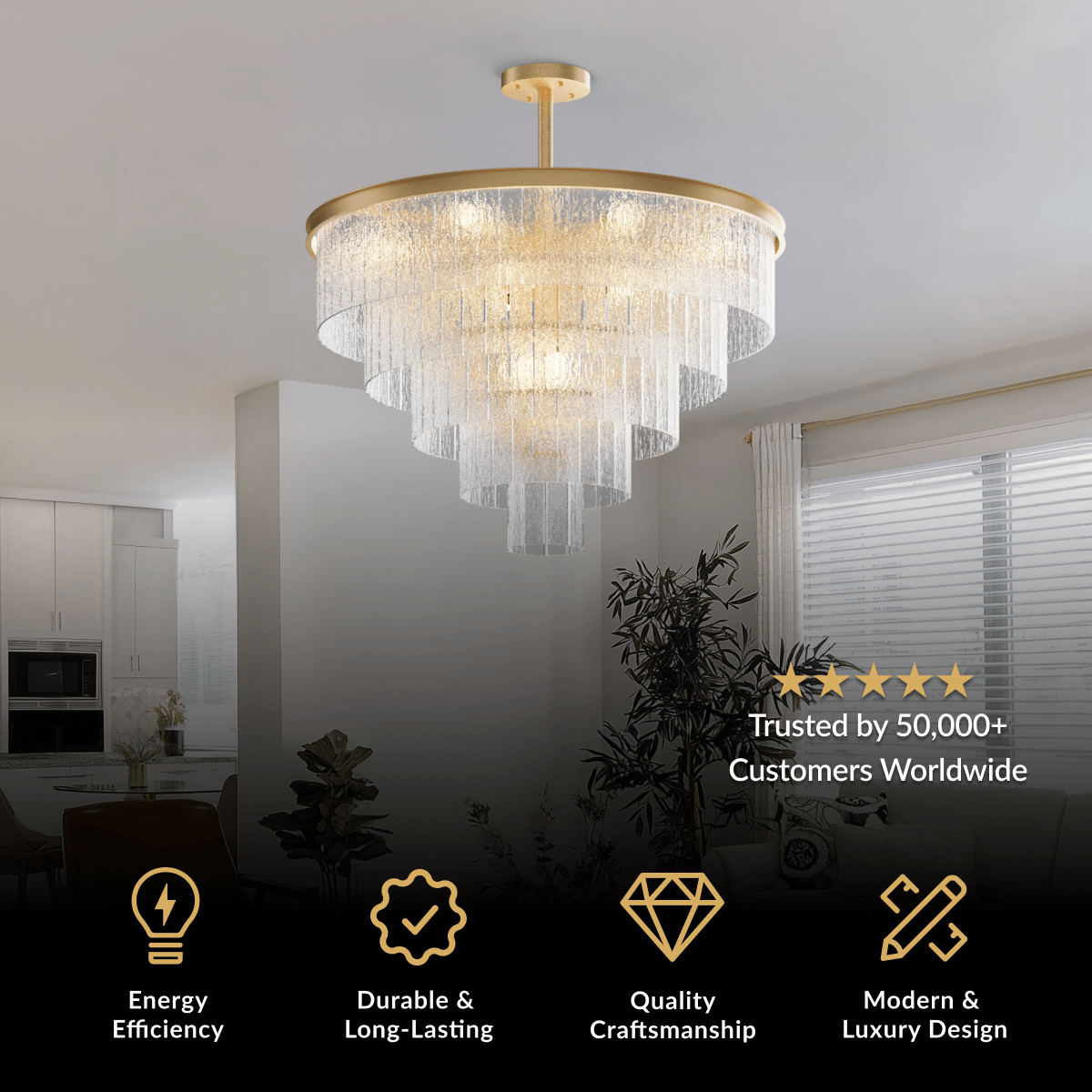 Cascade crystal chandelier, gold frame with tiered textured crystal rods, lit above a seating area