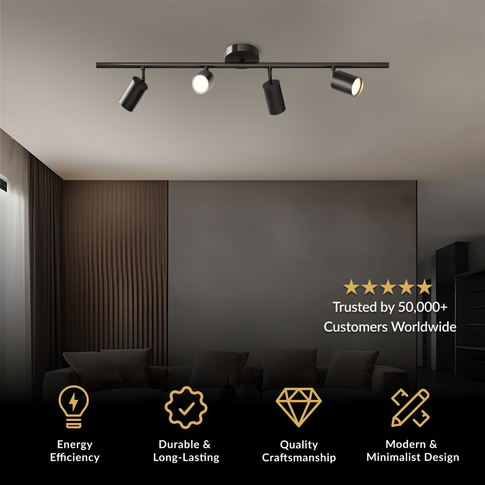 Harris, four-head black adjustable track light bar mounted on a dark ceiling