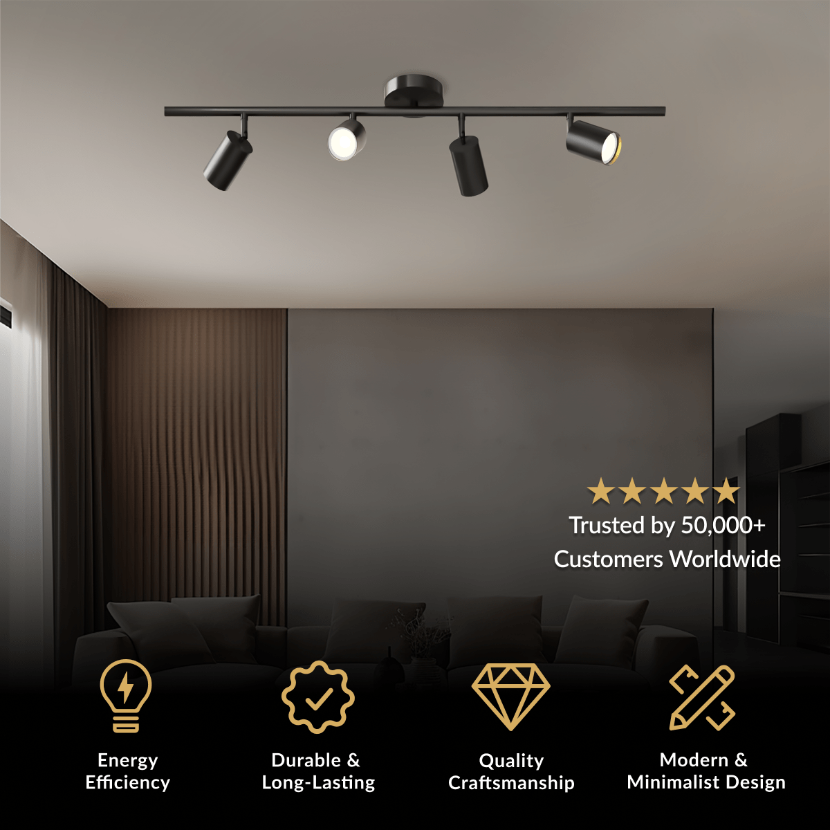 Harris, four-head black adjustable track light bar mounted on a dark ceiling