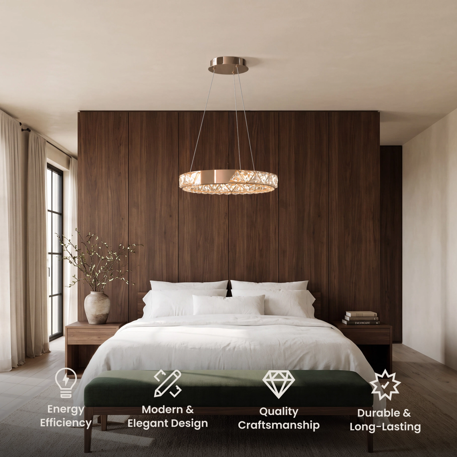 Jana Smart rose gold crystal ring chandelier above a bed, with feature icons