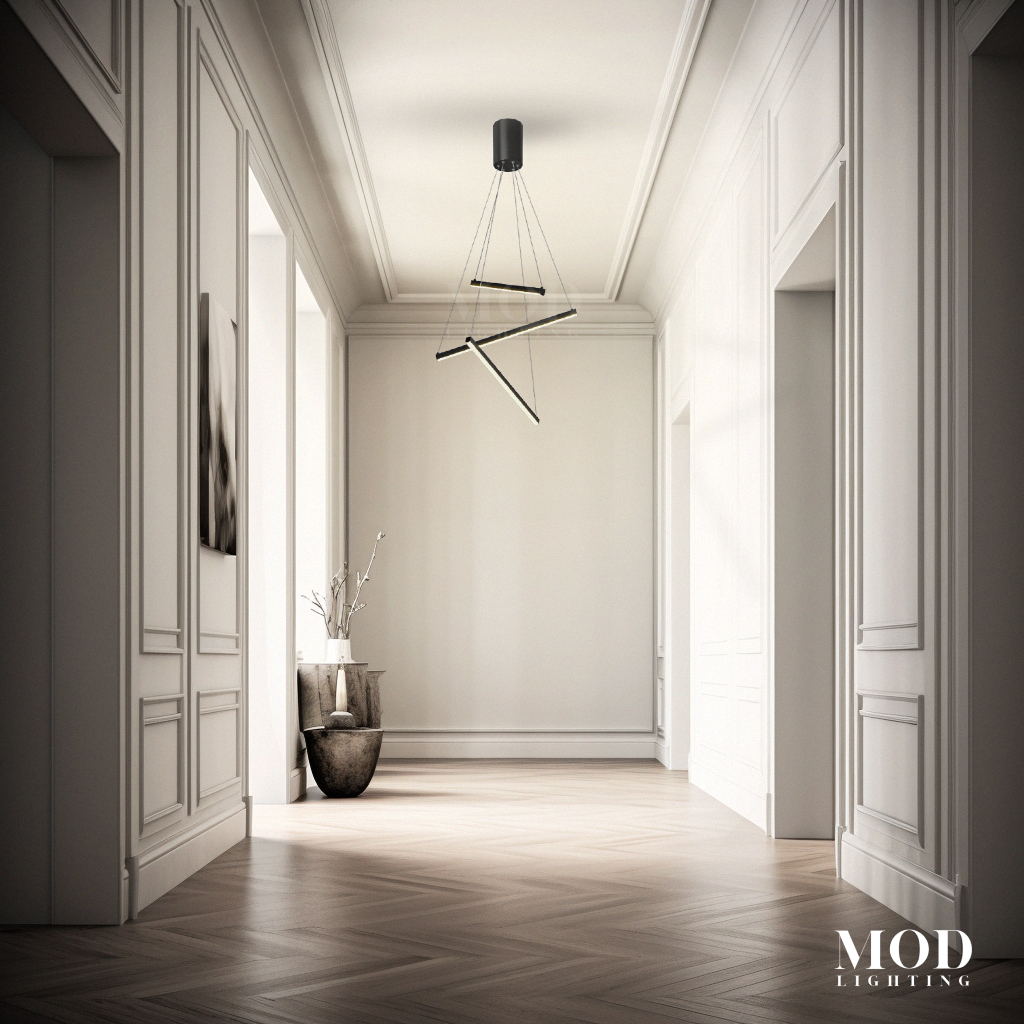 Finn black three-bar linear LED pendant in a paneled hallway with herringbone floor