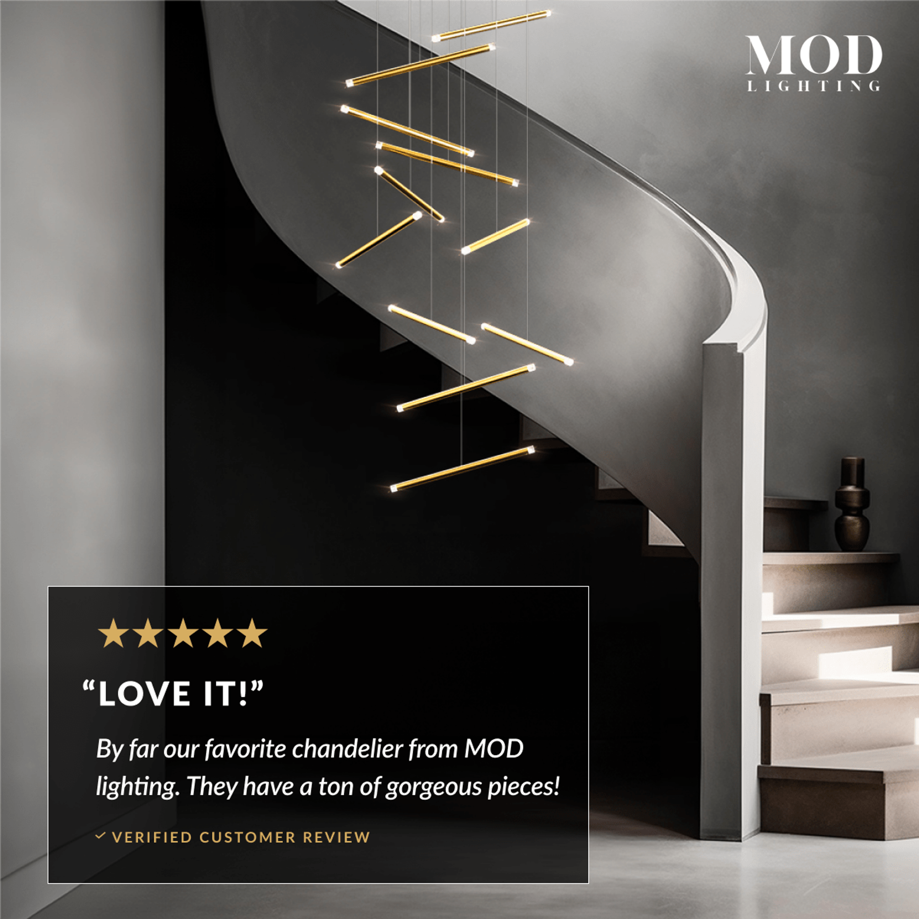 Freya gold spiraling staircase chandelier beside a curved staircase, with five-star customer review