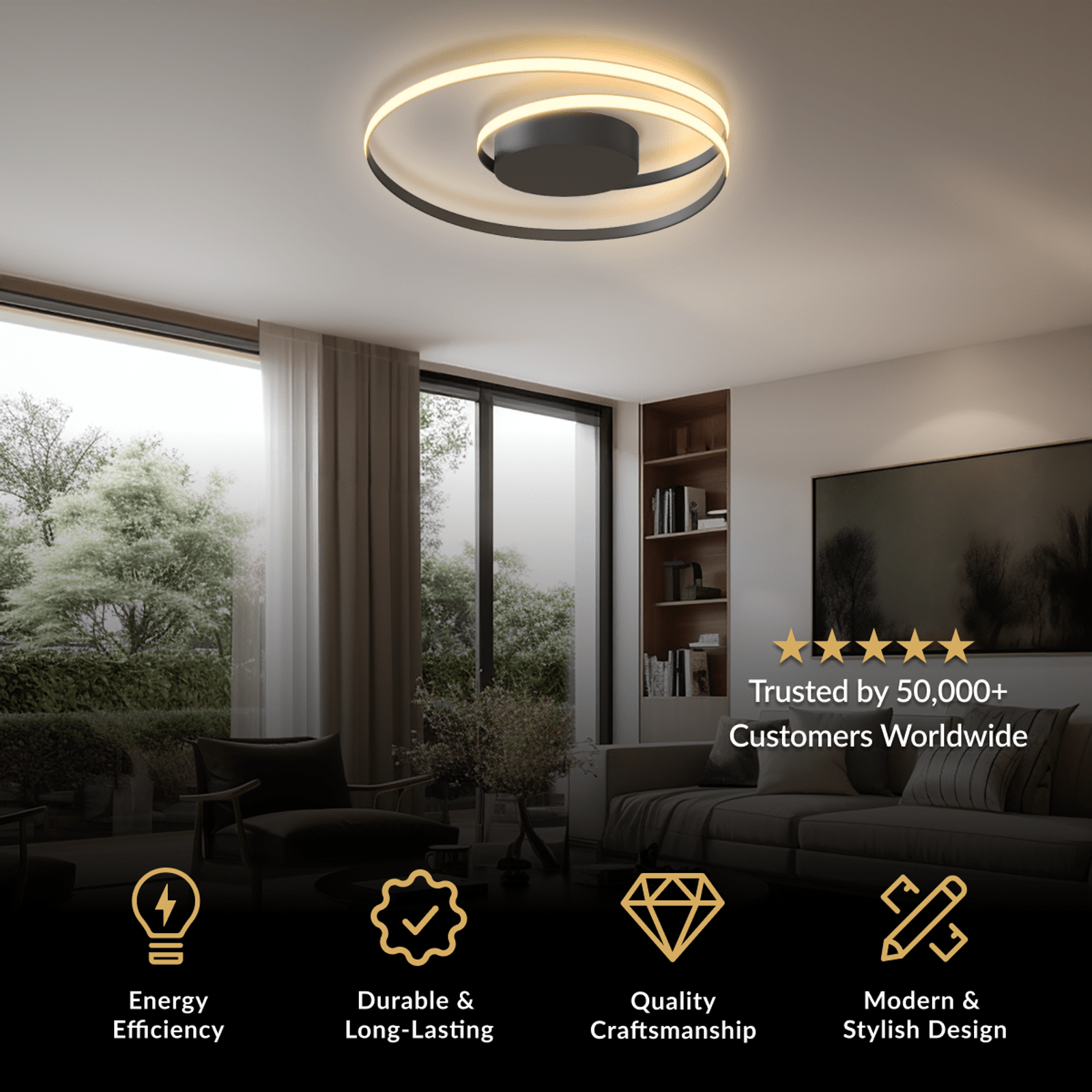 Spiral black LED ceiling light, an interlocking looped ring