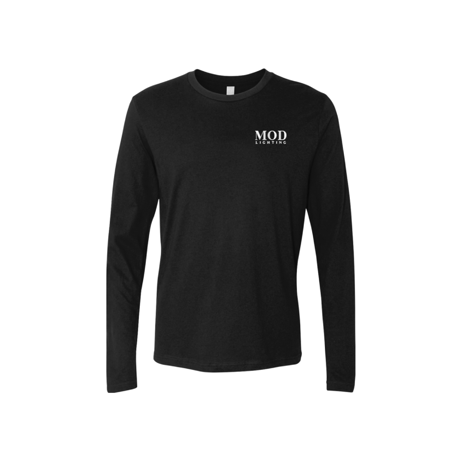 MOD LIGHTING black long-sleeve crew tee, front view with embroidered white chest logo