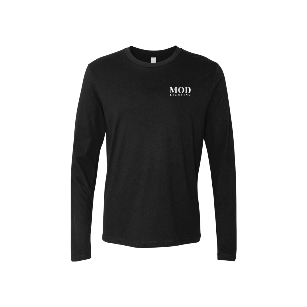 MOD LIGHTING black long-sleeve crew tee, front view with embroidered white chest logo