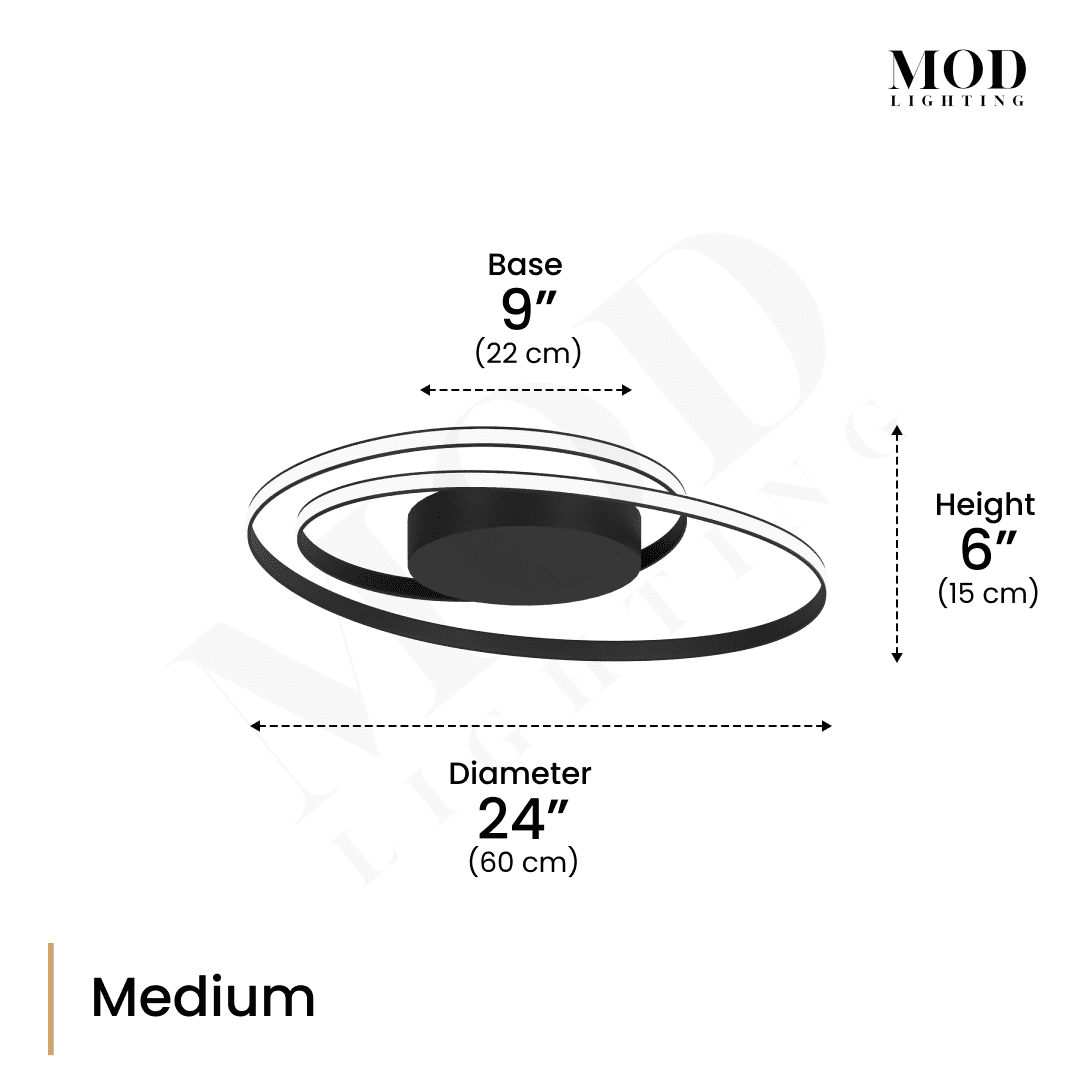 Spiral ceiling light spec diagram, Medium: 24" diameter, 9" base, 6" height