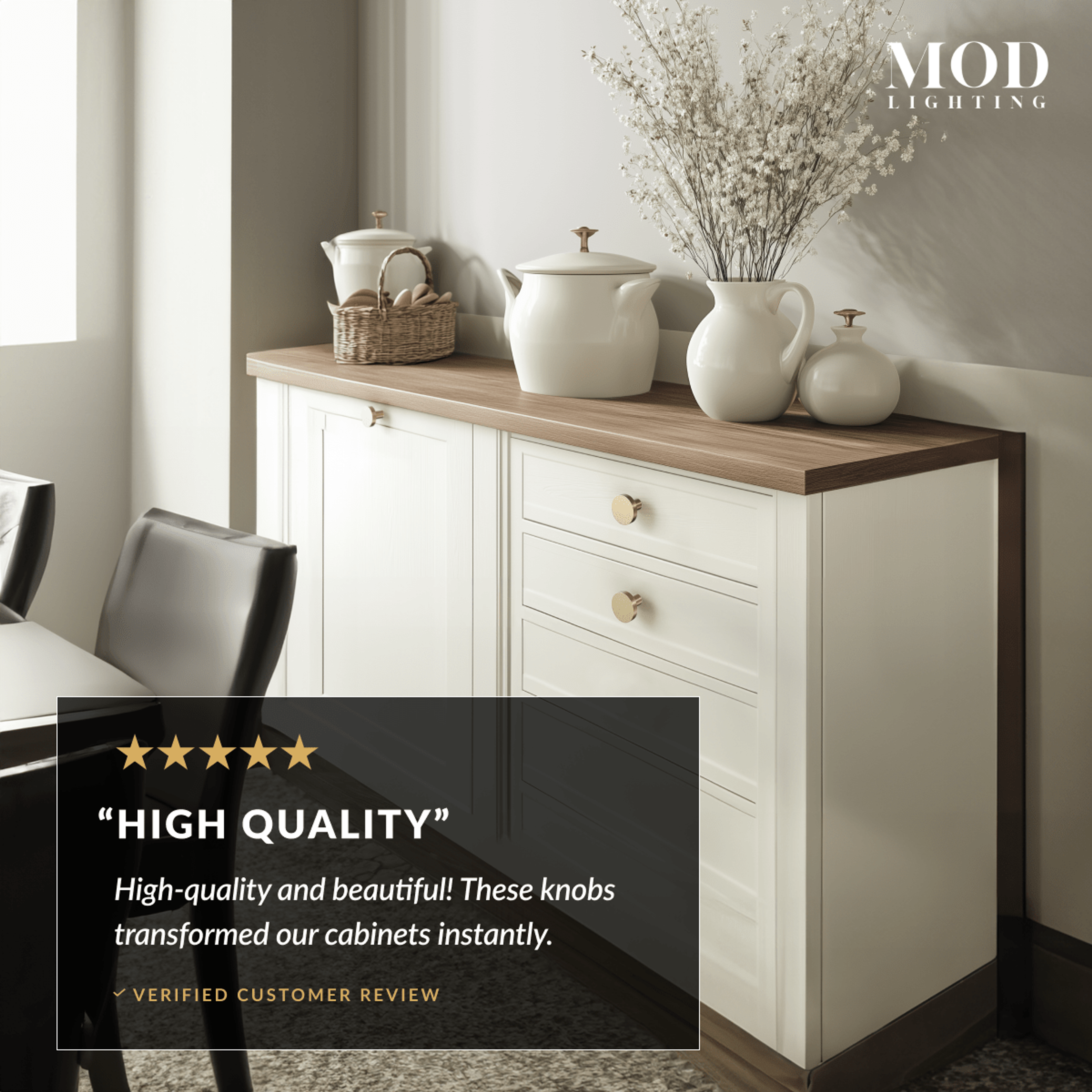 Balmuto brushed-gold flat round cabinet knob on a white cabinet, labeled solid brass, 4 sizes, easy installation