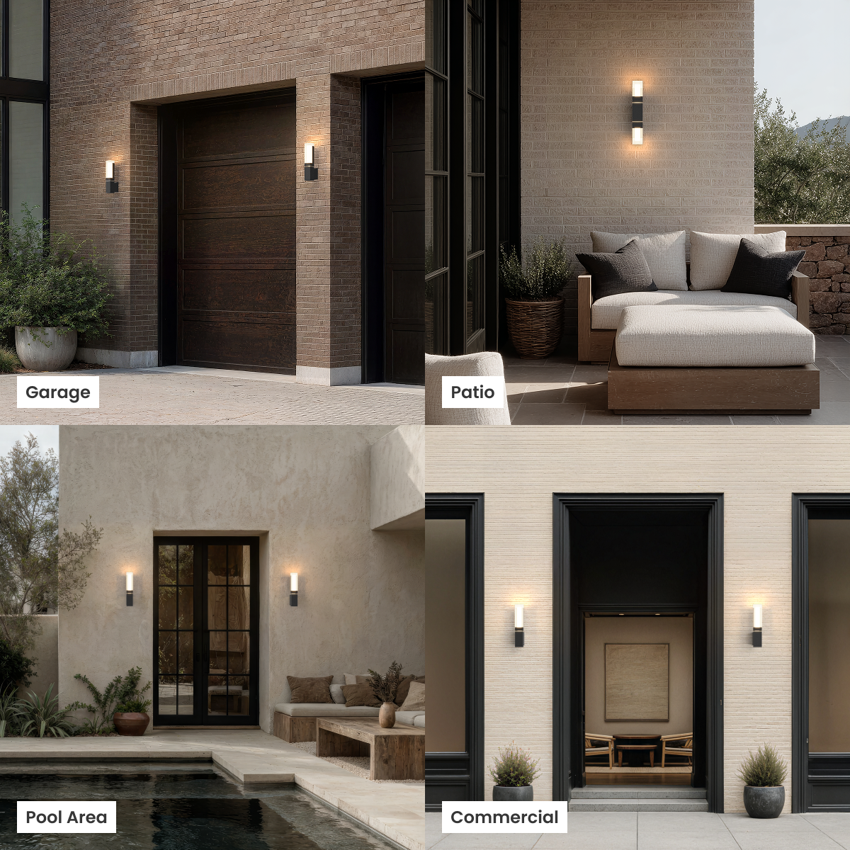 Falcon black outdoor sconce shown in four settings: garage, patio, pool area and commercial entry
