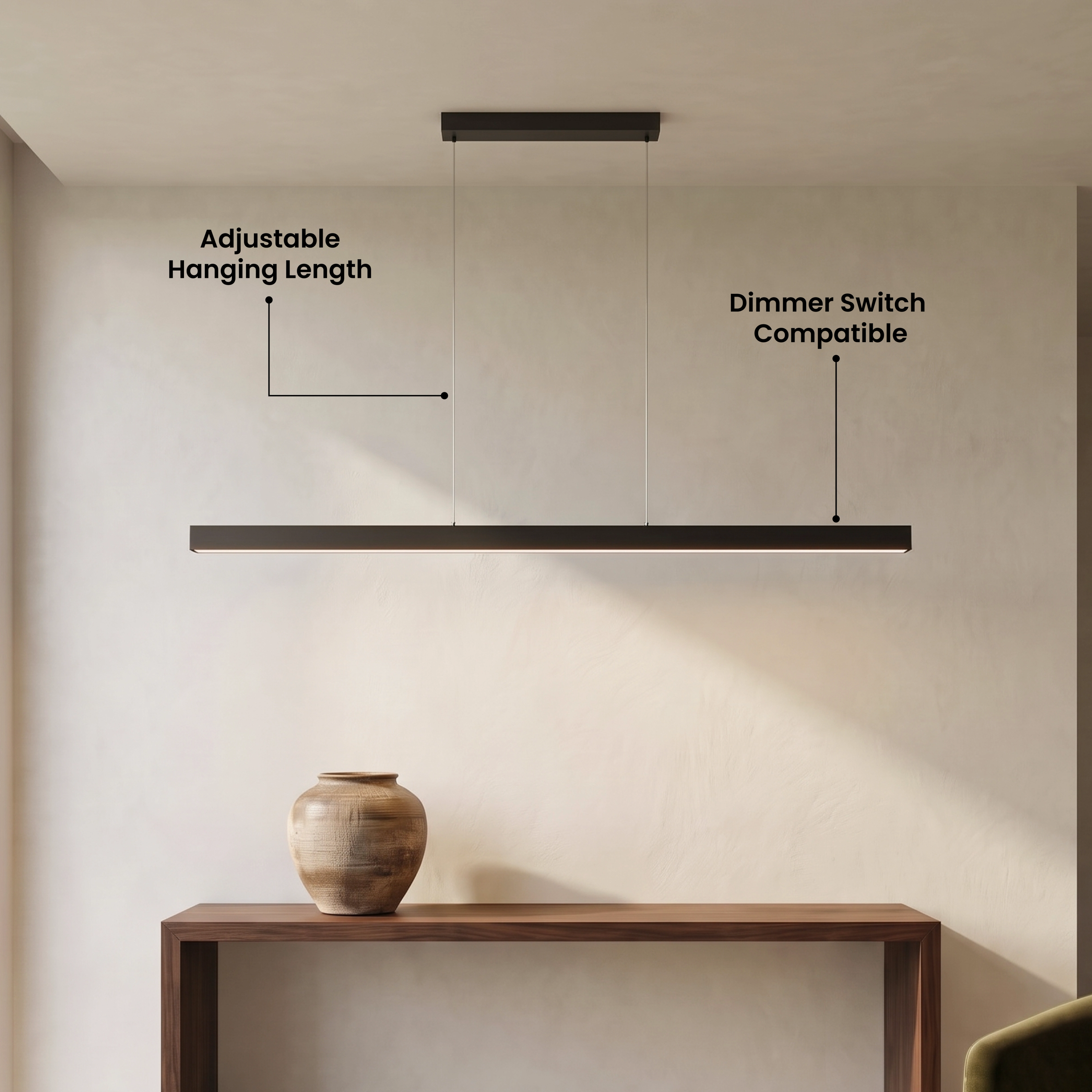 Luka pendant, black linear light bar over a kitchen island with bar stools and forest windows
