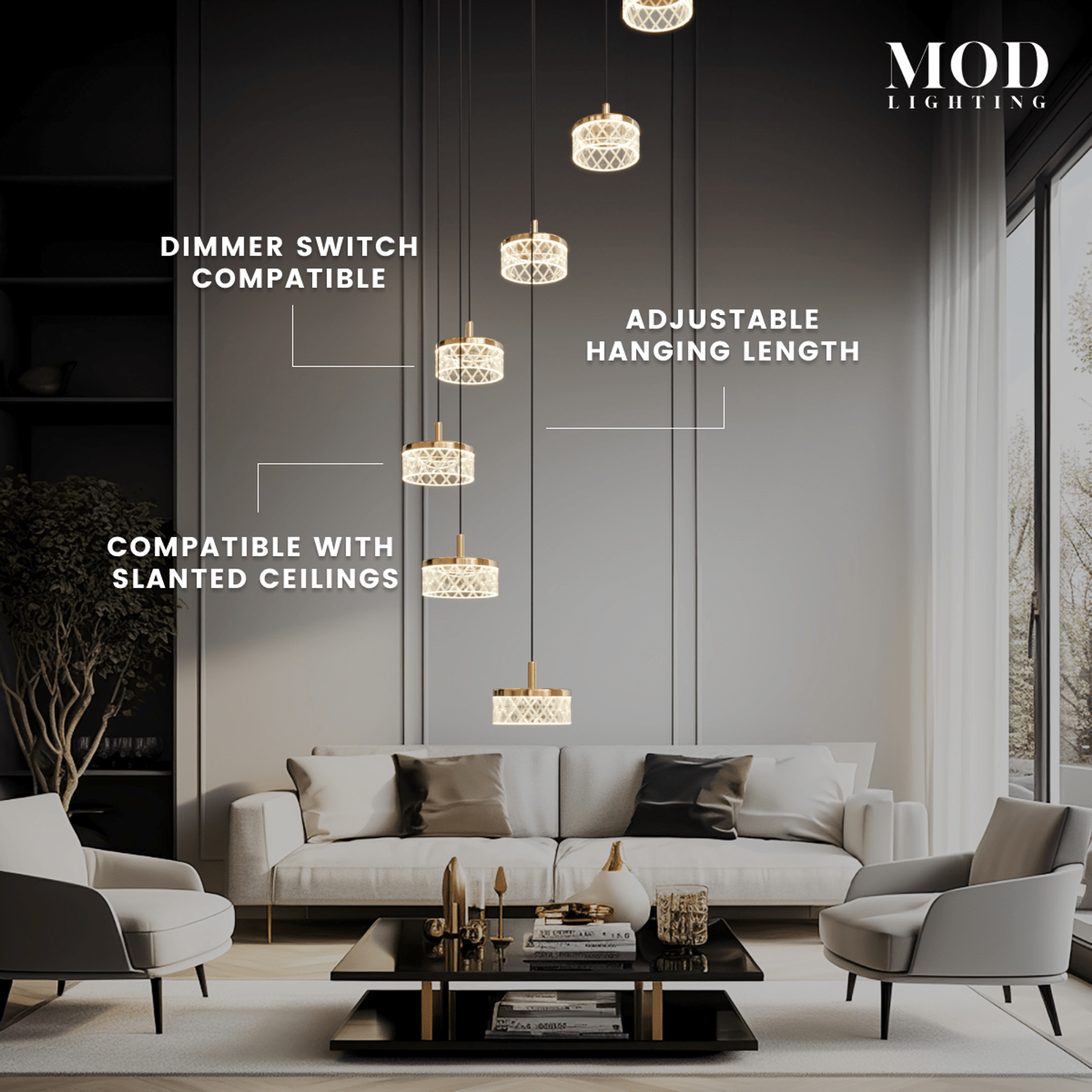 Emma staircase chandelier cascading in a living room, callouts noting dimmer-compatible, slanted-ceiling ready, adjustable le