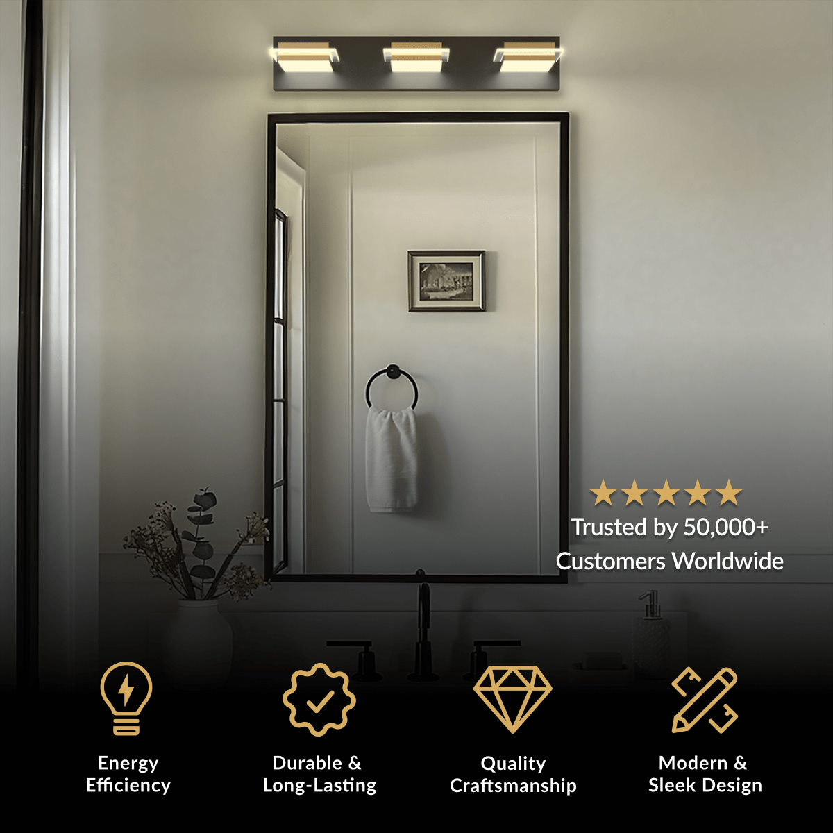 Willow bathroom light, three cube glass shades on a matte black bar with gold accents above a mirror
