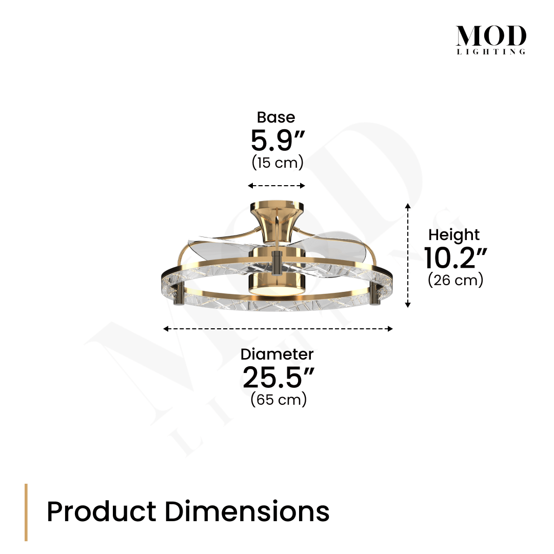 Velora gold ceiling fan light dimension diagram: 25.5 in diameter, 10.2 in height, 5.9 in base