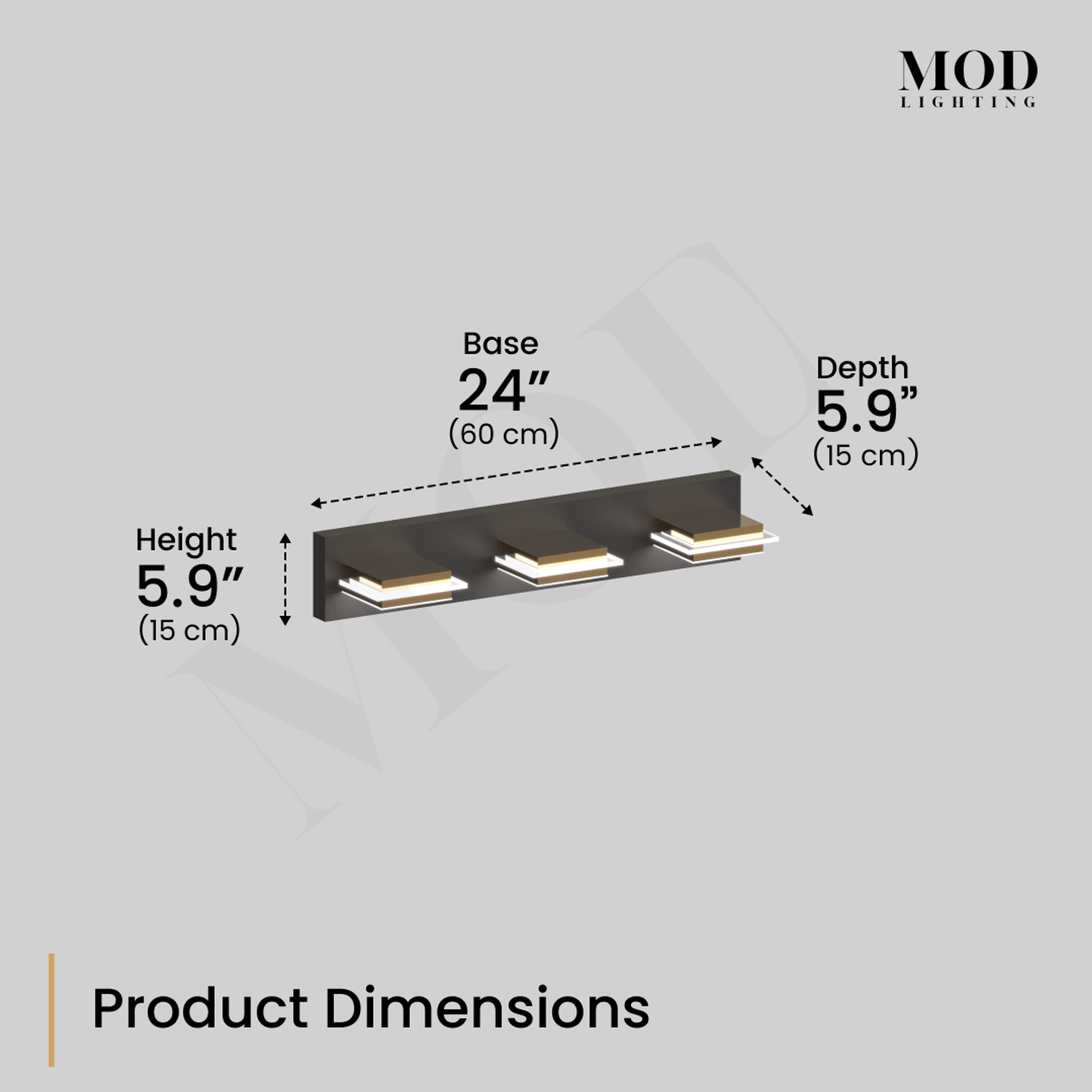 Willow bathroom light dimension diagram, three cube lights on matte black bar with gold accents, 24 in wide