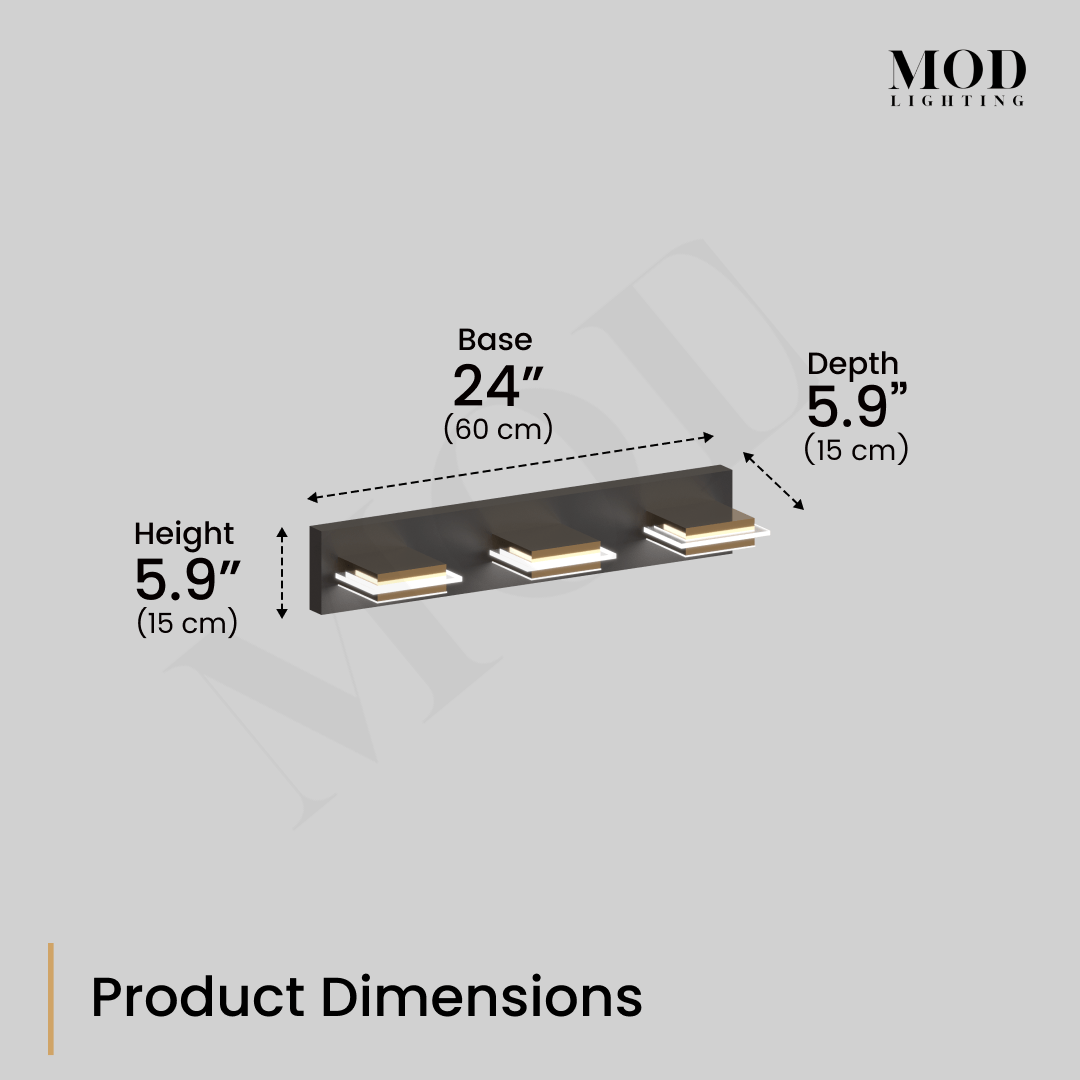 Willow bathroom light dimension diagram, three cube lights on matte black bar with gold accents, 24 in wide