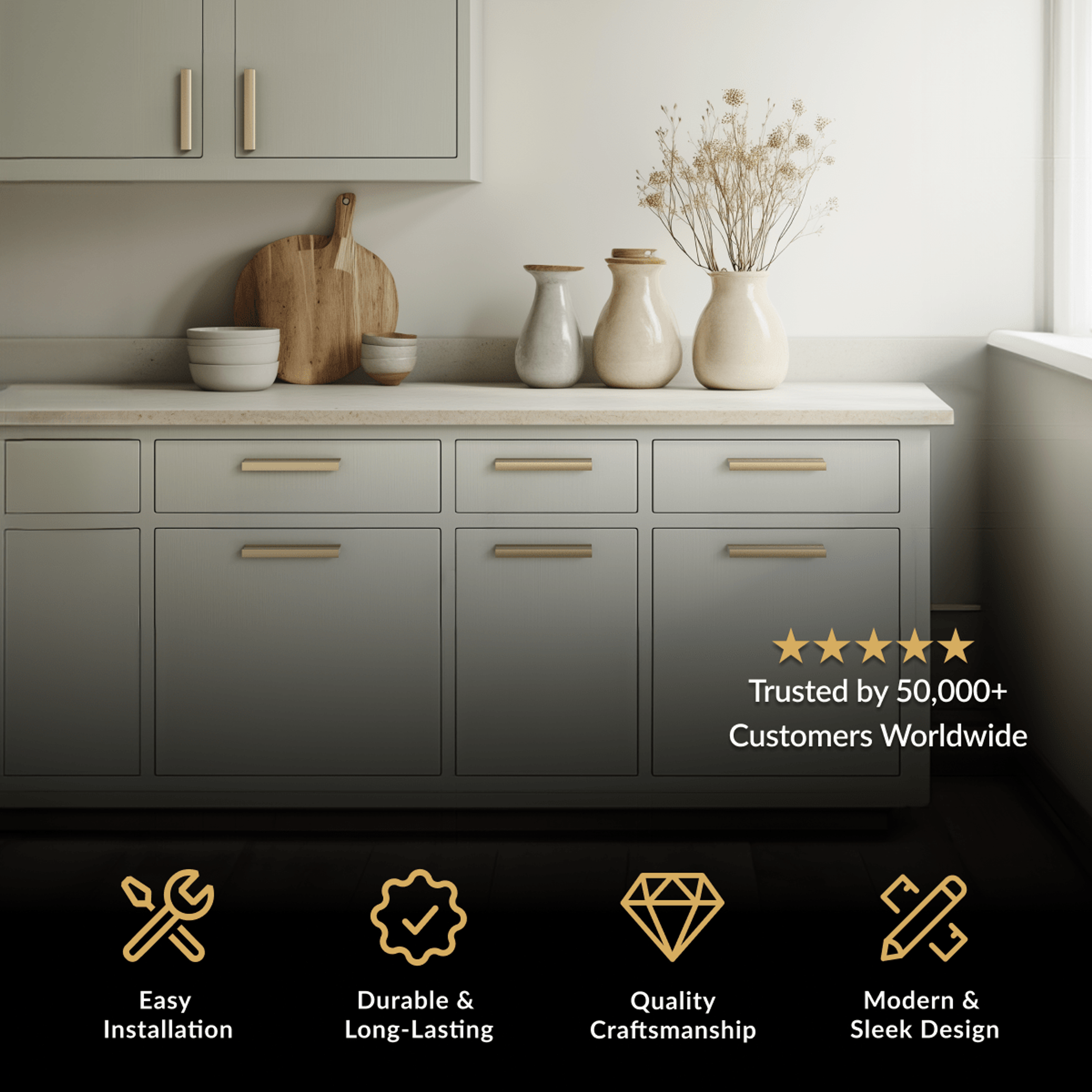 Iris Cabinet Pull in brushed gold, bar pulls on light grey cabinets with a wood countertop and vases