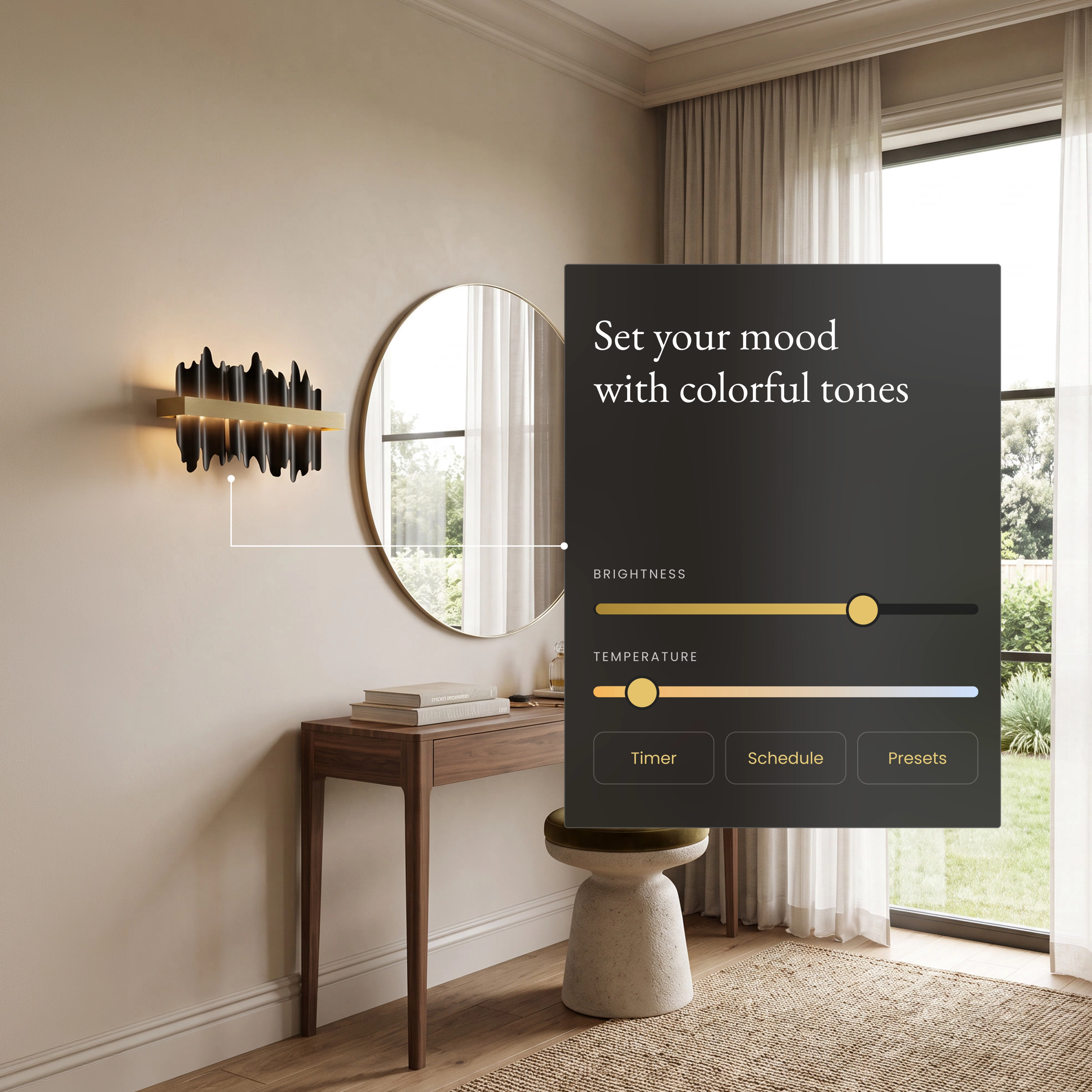 Aurelius Sconce Smart beside a round mirror with the app brightness and color temperature sliders