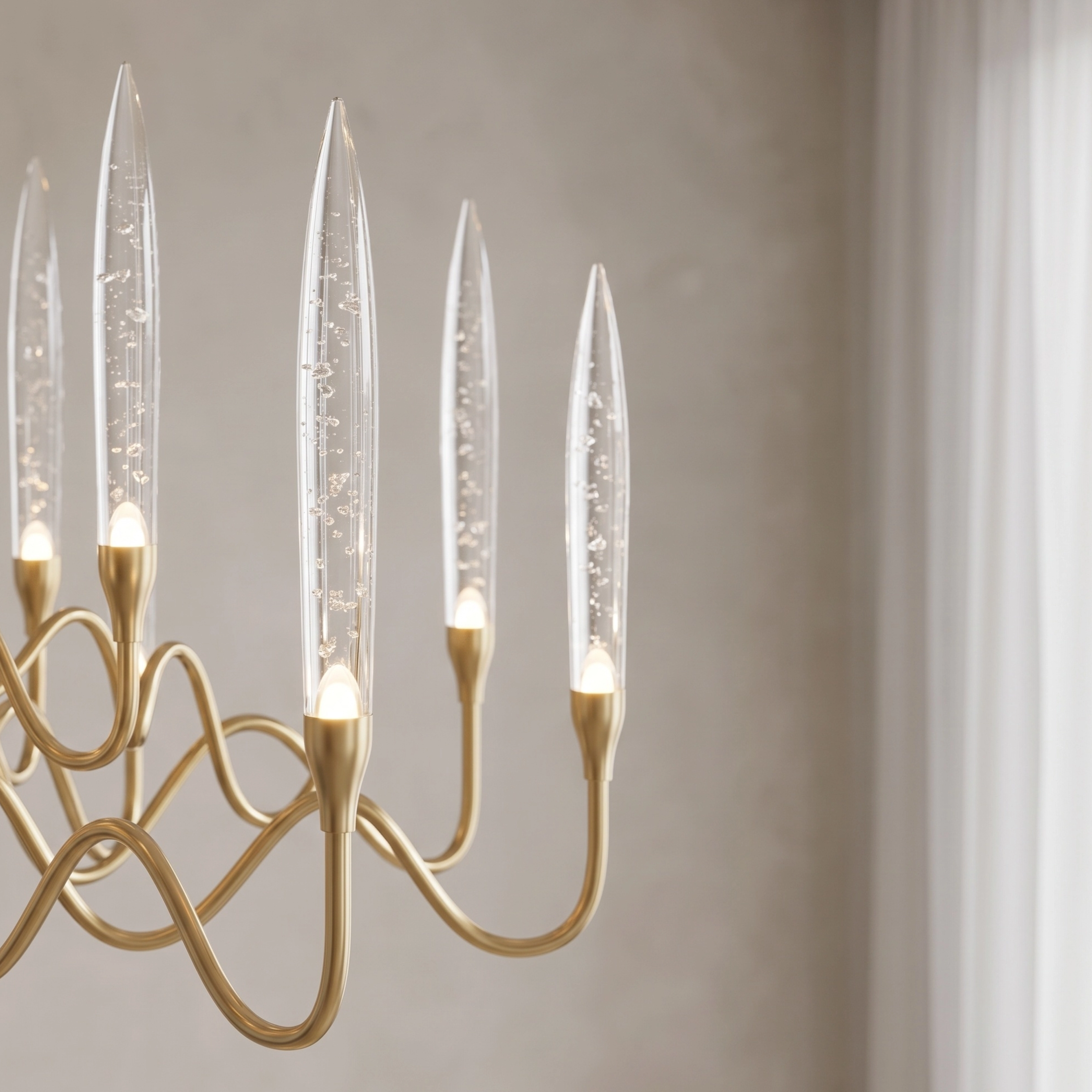 Kanderella gold candle chandelier in warm-white 3000K over a living room sofa, noting three available sizes