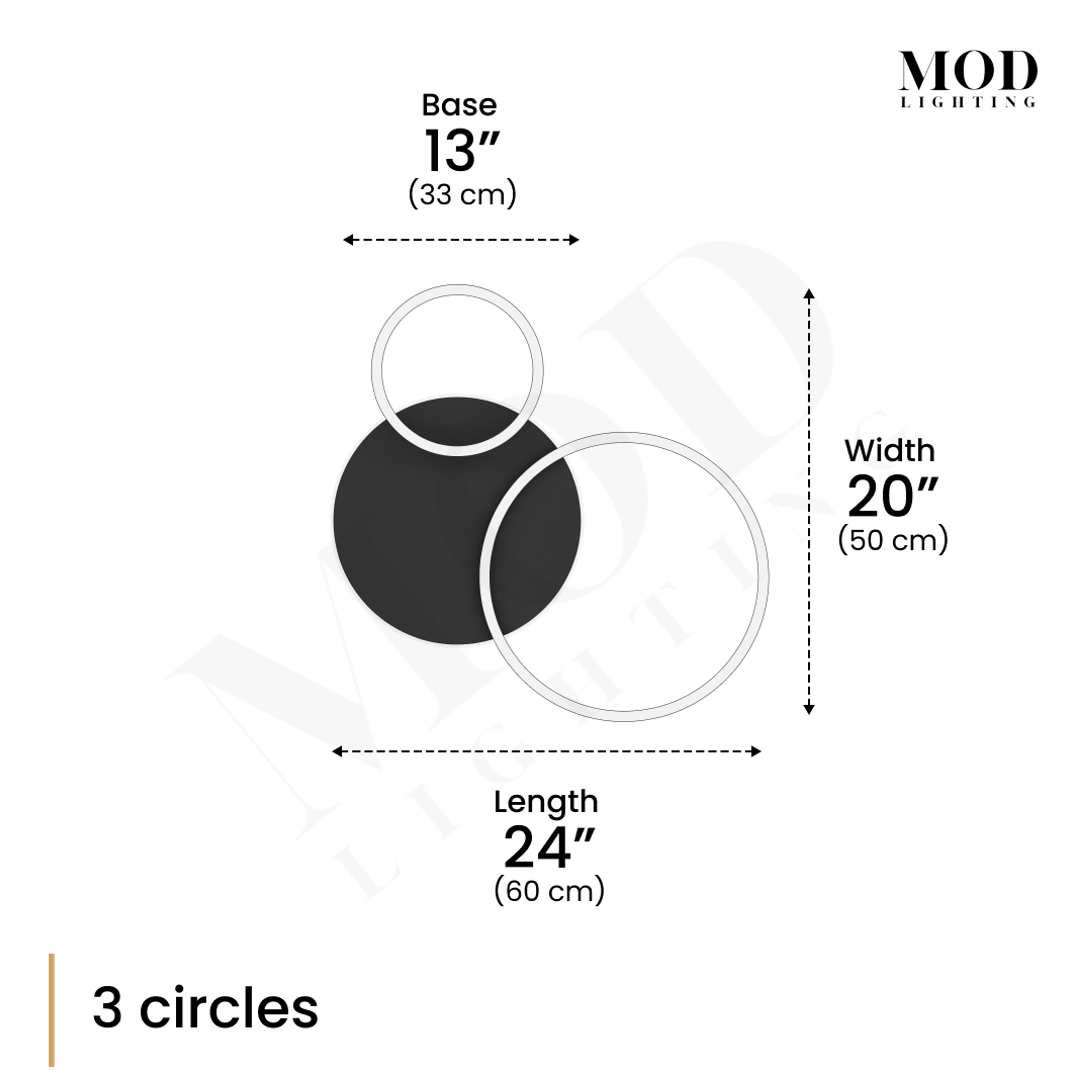 Chloe 3-circle ceiling light dimension diagram: 24 in long, 20 in wide, 13 in base