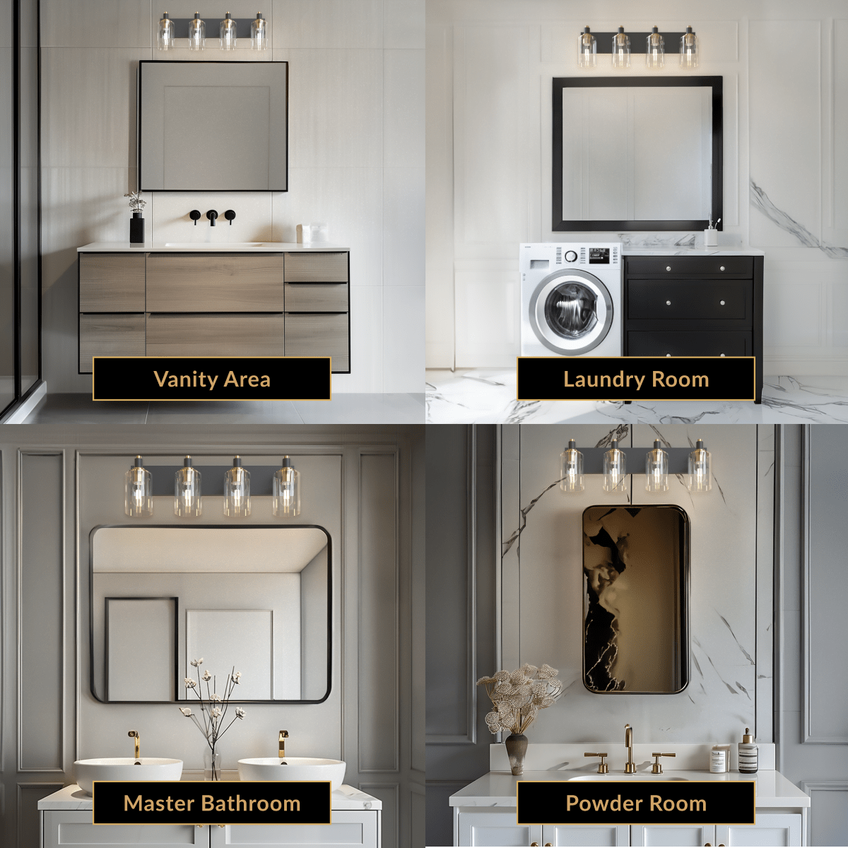 Hazel black-and-gold vanity light with clear-glass shades shown over vanity, laundry, bathroom and powder room mirrors