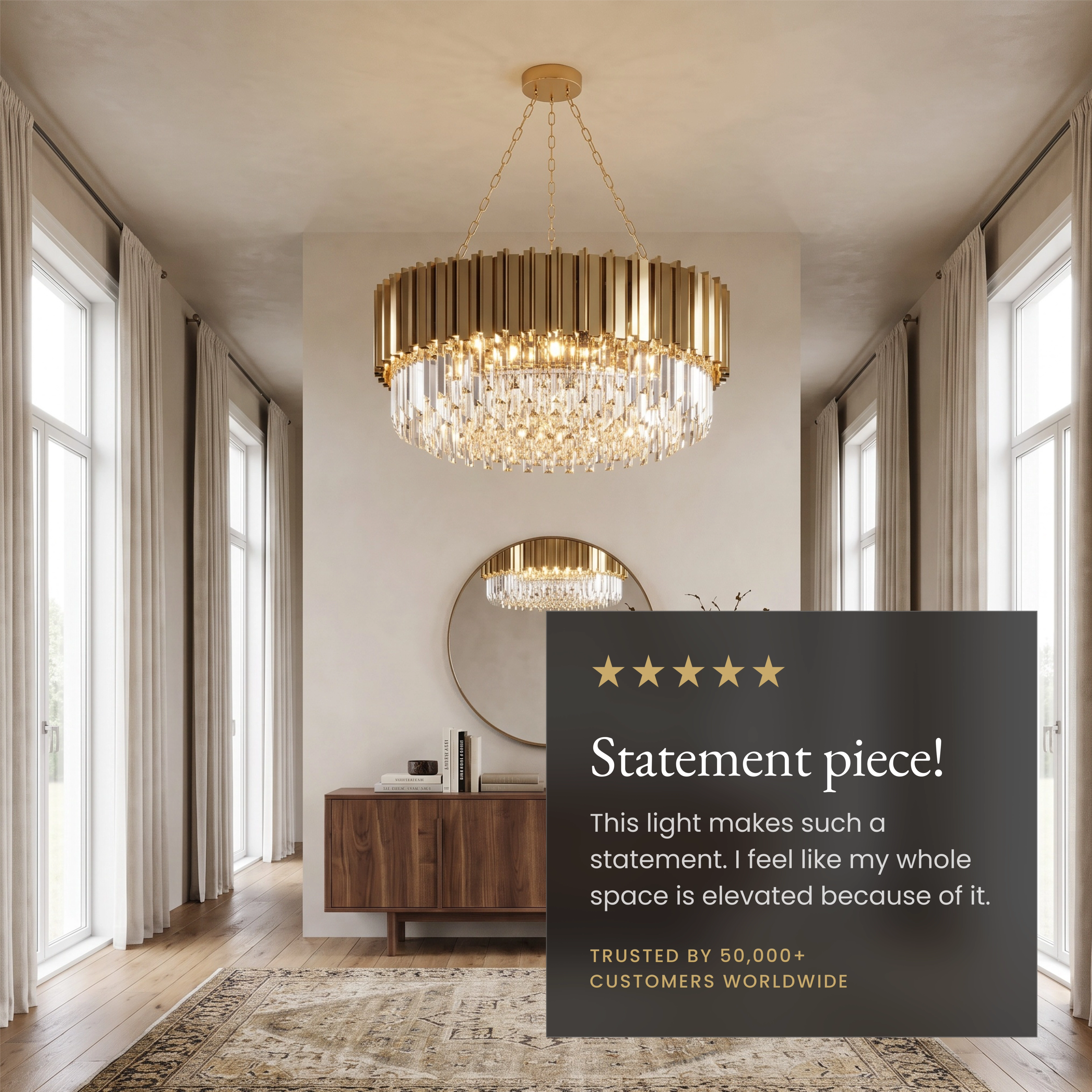 Athena gold crystal drum chandelier over a bed, noting slanted-ceiling, dimmer and adjustable length